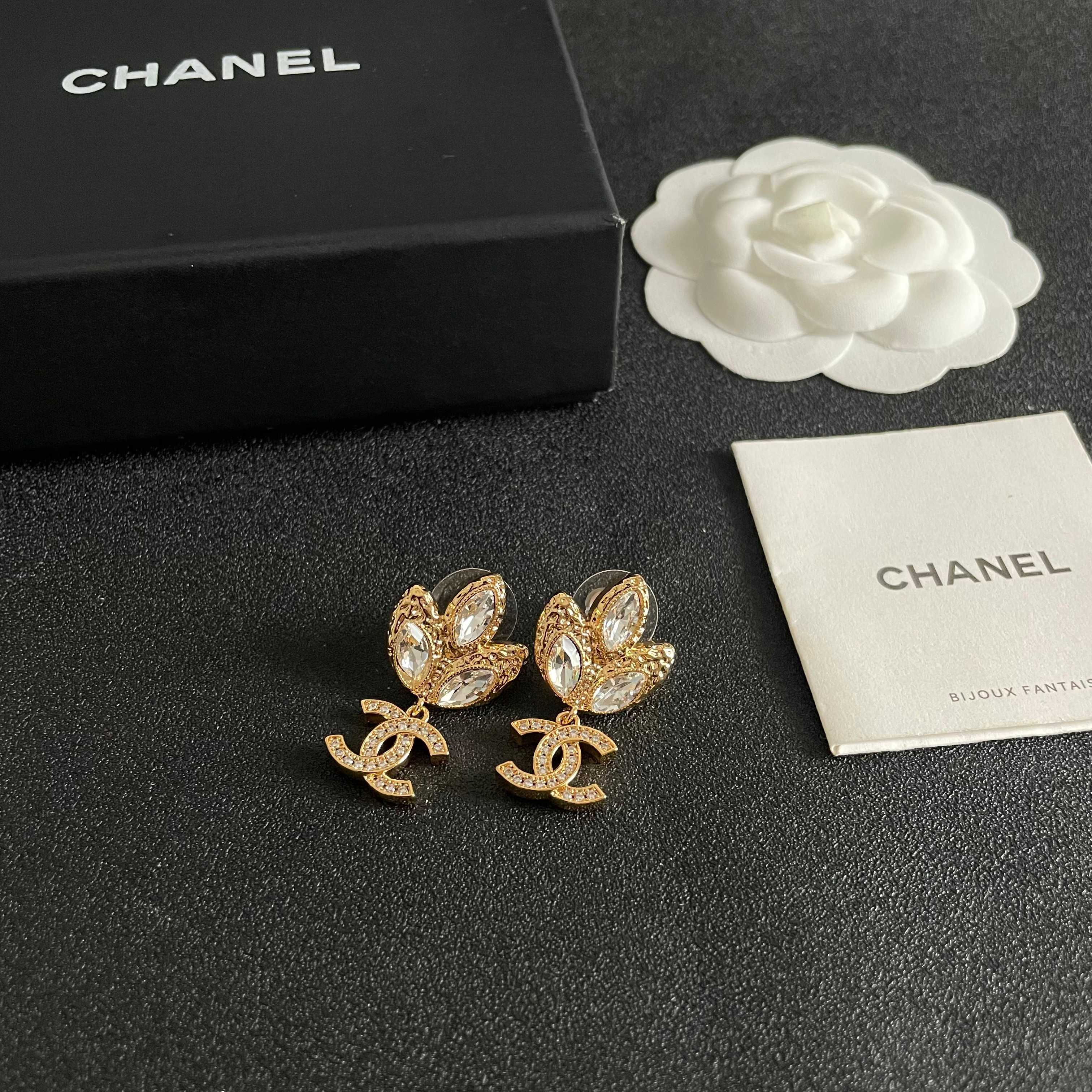 Chanel CC Logo Tulip Crystal Drop Earrings earrings gold-tone metal with clear faceted crystals 2 5cm drop length