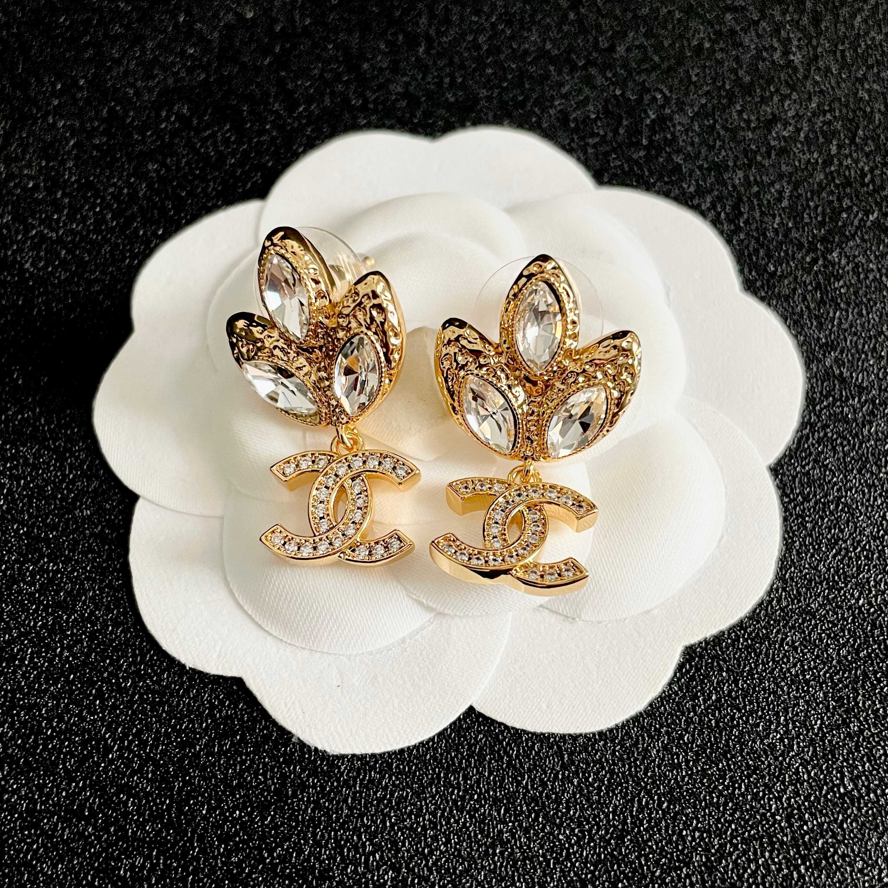 Chanel CC Logo Tulip Crystal Drop Earrings earrings gold-tone metal with clear faceted crystals 2 5cm drop length