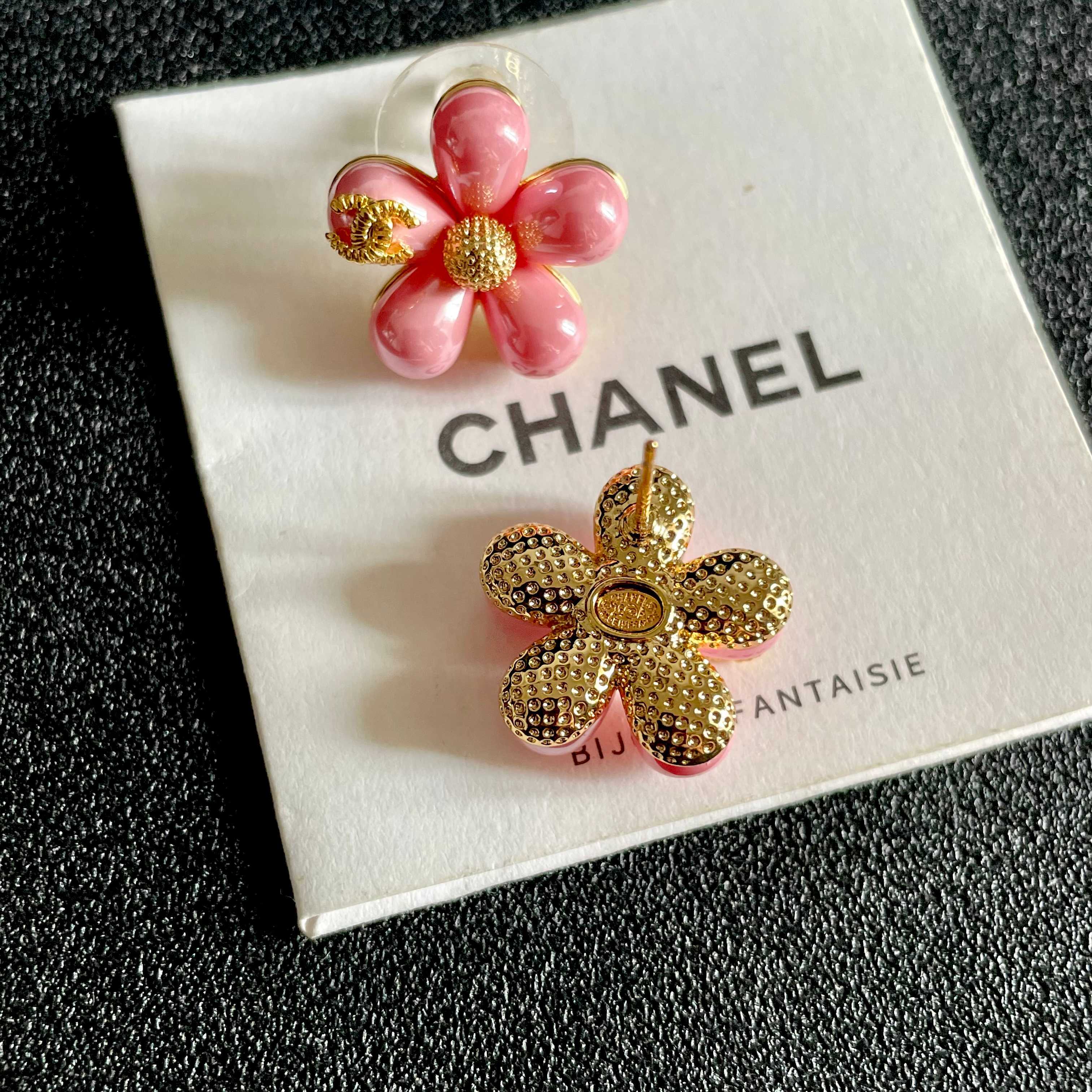 Chanel CC Flower Stud Earrings earrings Gold-tone metal with pastel pink and light blue resin flower accents 1 5cm diameter