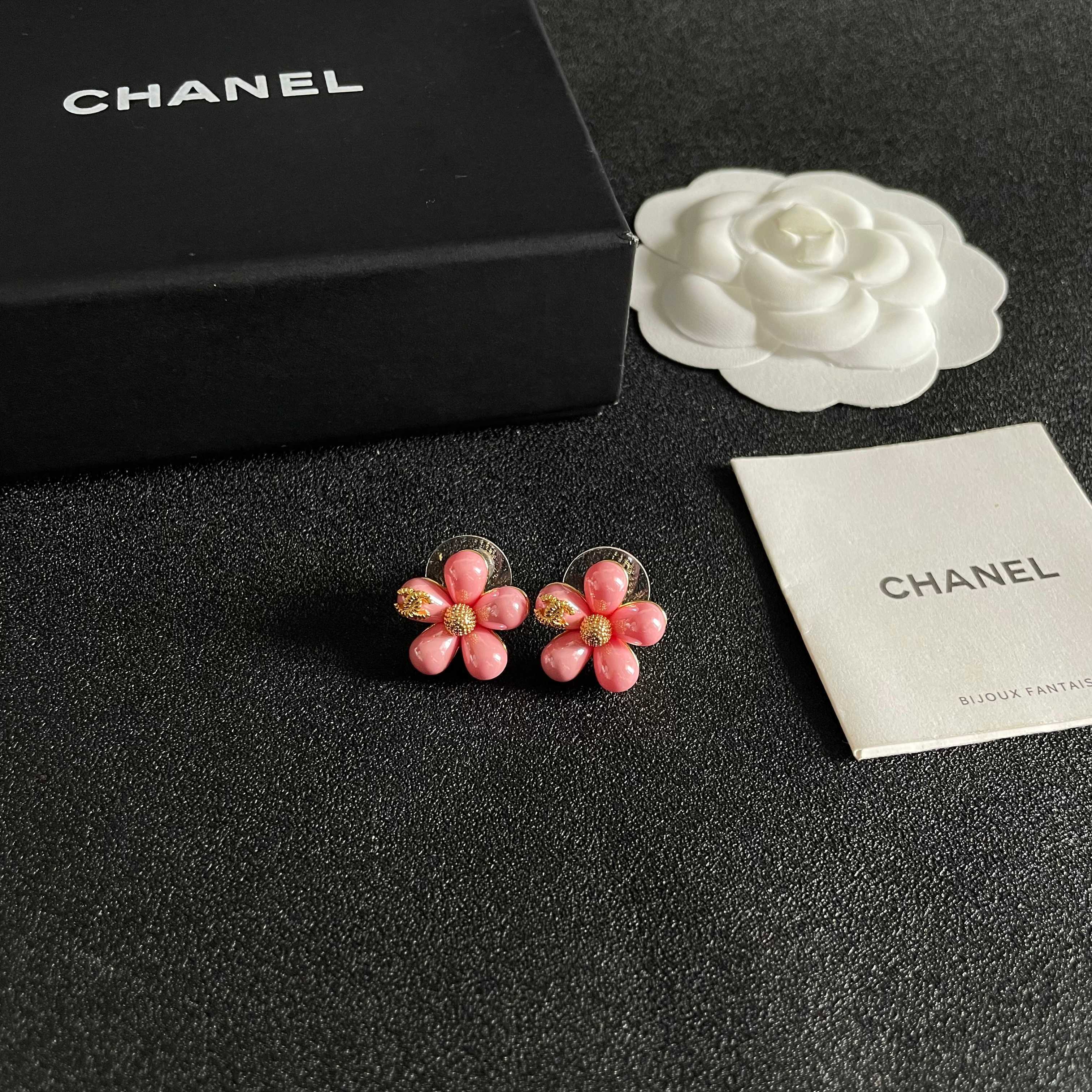 Chanel CC Flower Stud Earrings earrings Gold-tone metal with pastel pink and light blue resin flower accents 1 5cm diameter