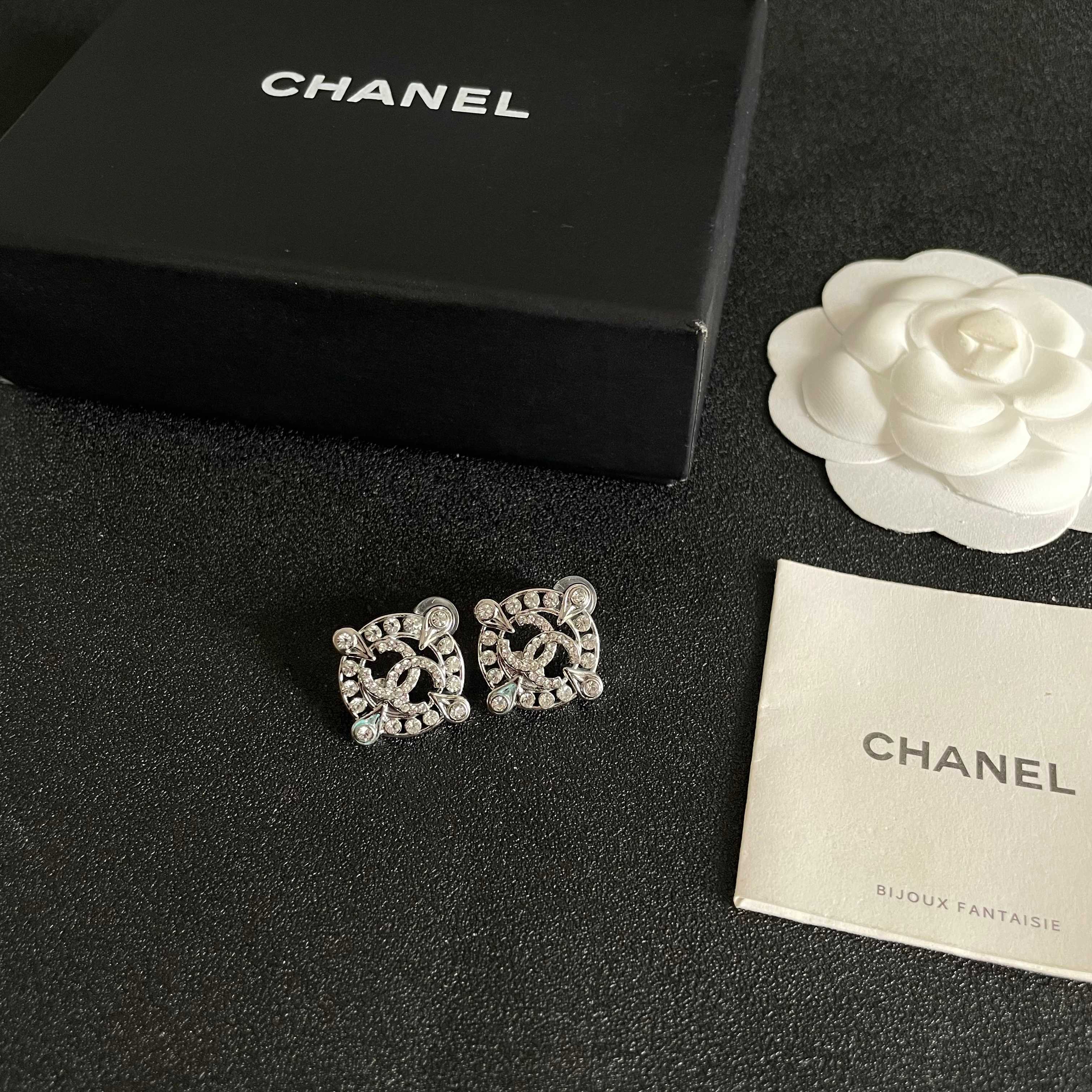 Chanel CC Logo Crystal Compass Stud Earrings earrings silver-toned metal with clear crystal accents 1 5cm diameter