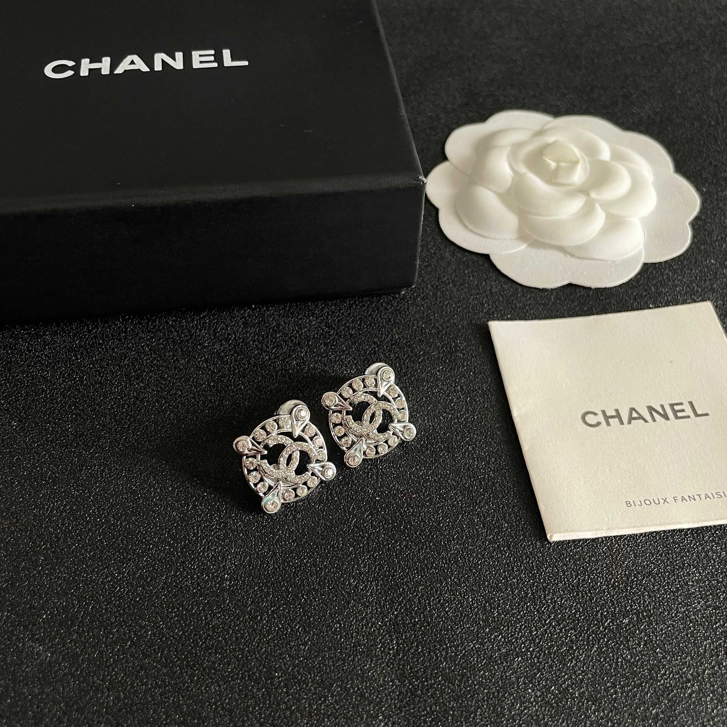 Chanel CC Logo Crystal Compass Stud Earrings earrings silver-toned metal with clear crystal accents 1 5cm diameter