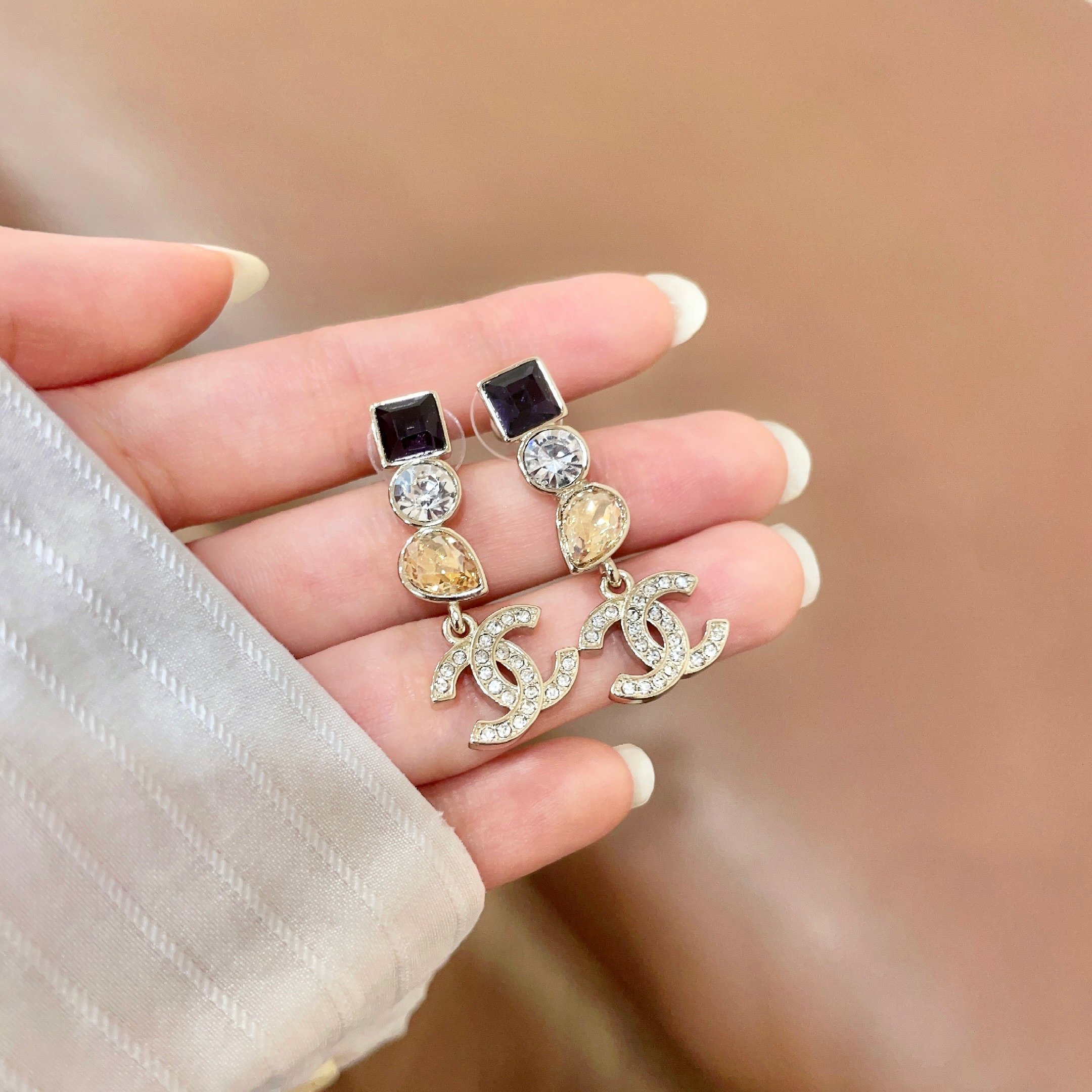 Chanel CC Logo Multi-Stone Drop Earrings earrings Gold-tone metal with purple square crystal clear round crystal champagne pear crystal and clear pave crystals 3cm drop length