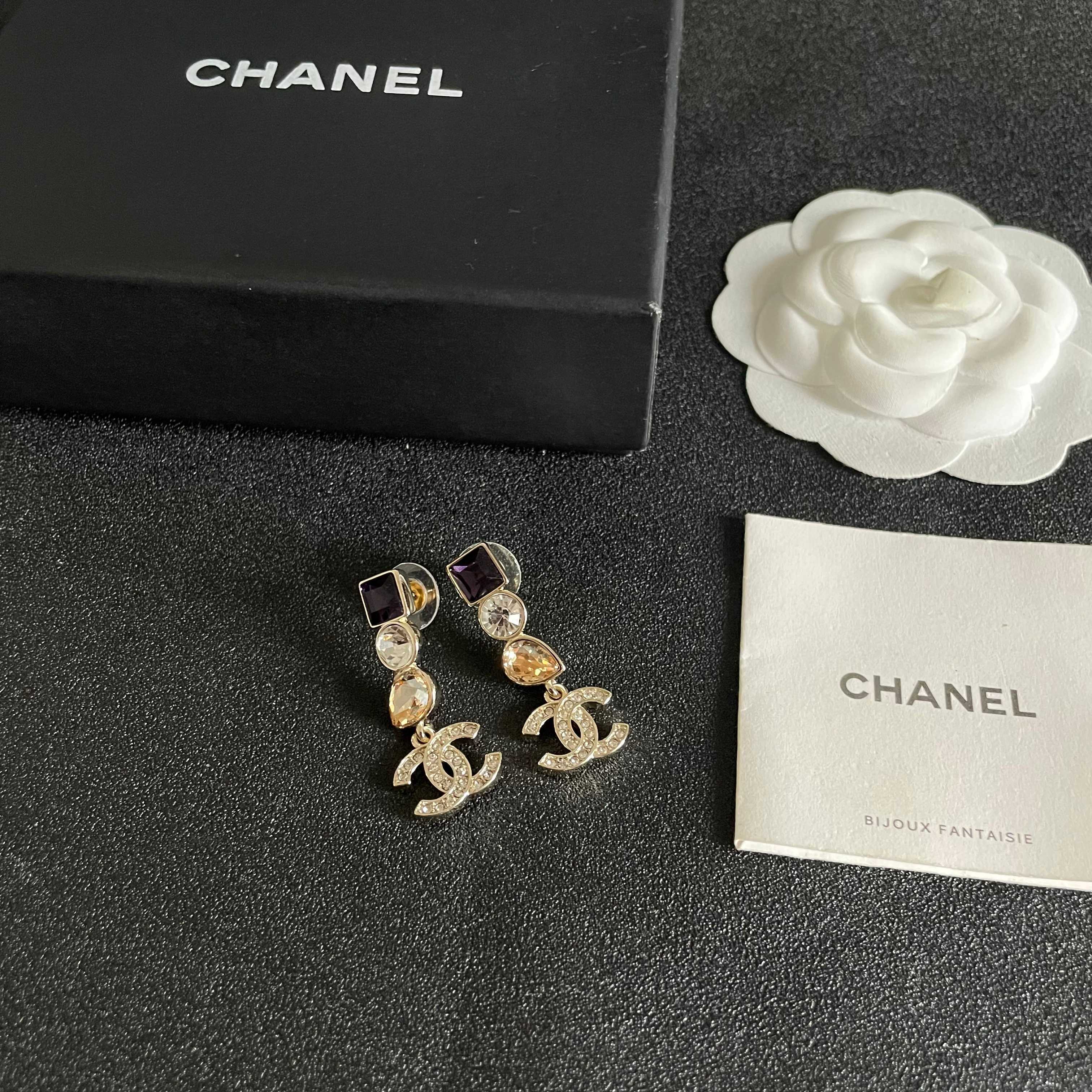 Chanel CC Logo Multi-Stone Drop Earrings earrings Gold-tone metal with purple square crystal clear round crystal champagne pear crystal and clear pave crystals 3cm drop length