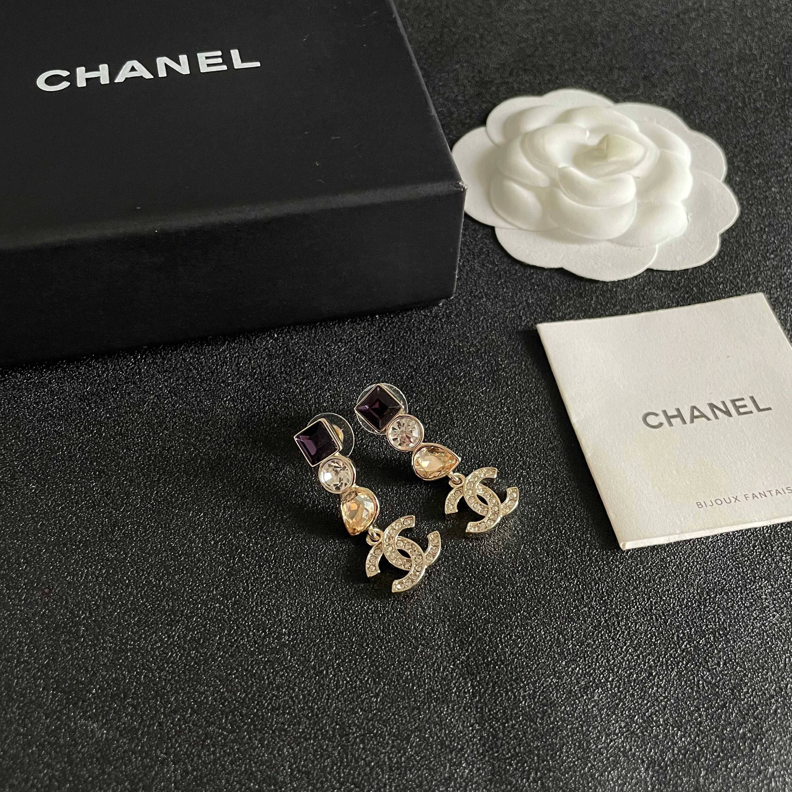 Chanel CC Logo Multi-Stone Drop Earrings earrings Gold-tone metal with purple square crystal clear round crystal champagne pear crystal and clear pave crystals 3cm drop length