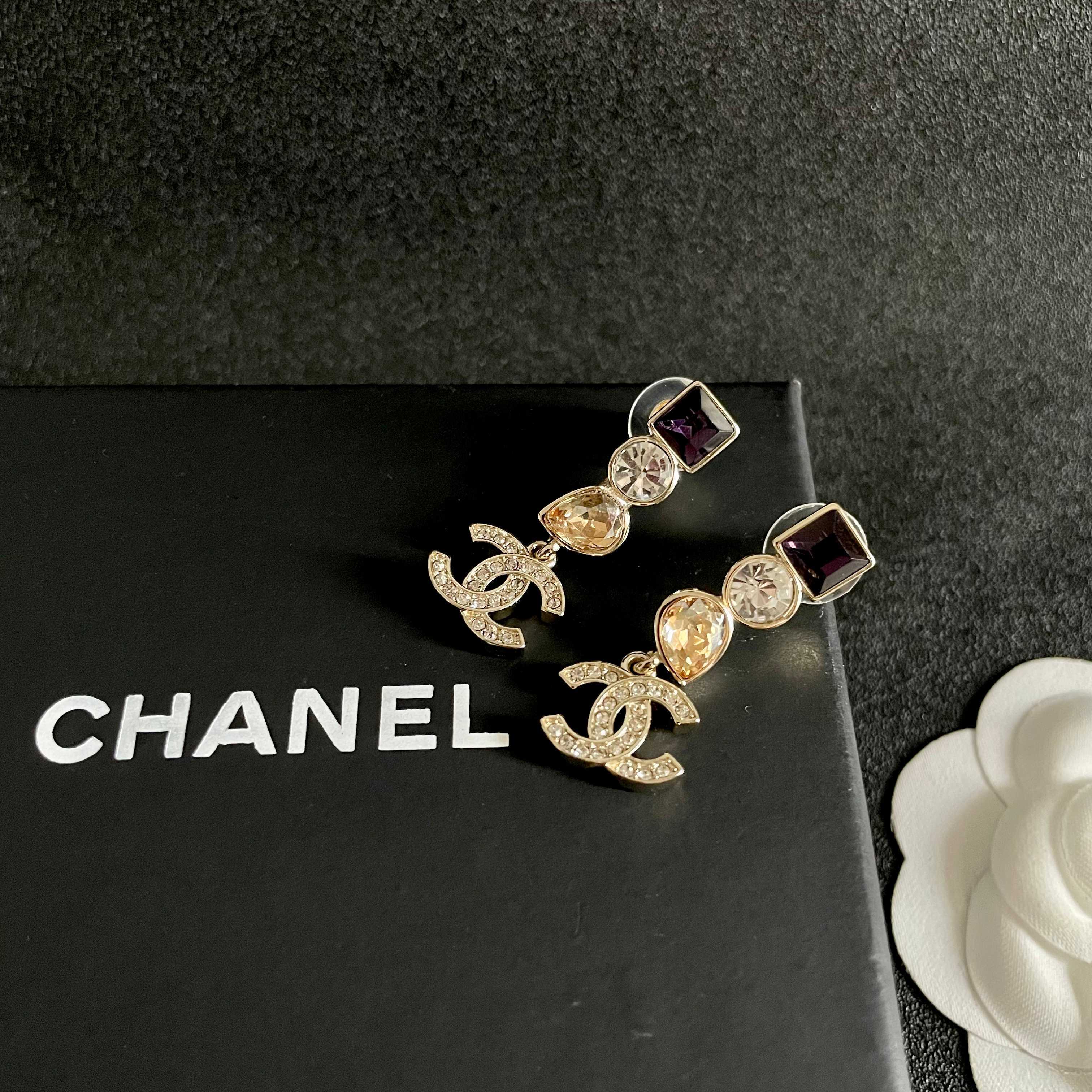 Chanel CC Logo Multi-Stone Drop Earrings earrings Gold-tone metal with purple square crystal clear round crystal champagne pear crystal and clear pave crystals 3cm drop length