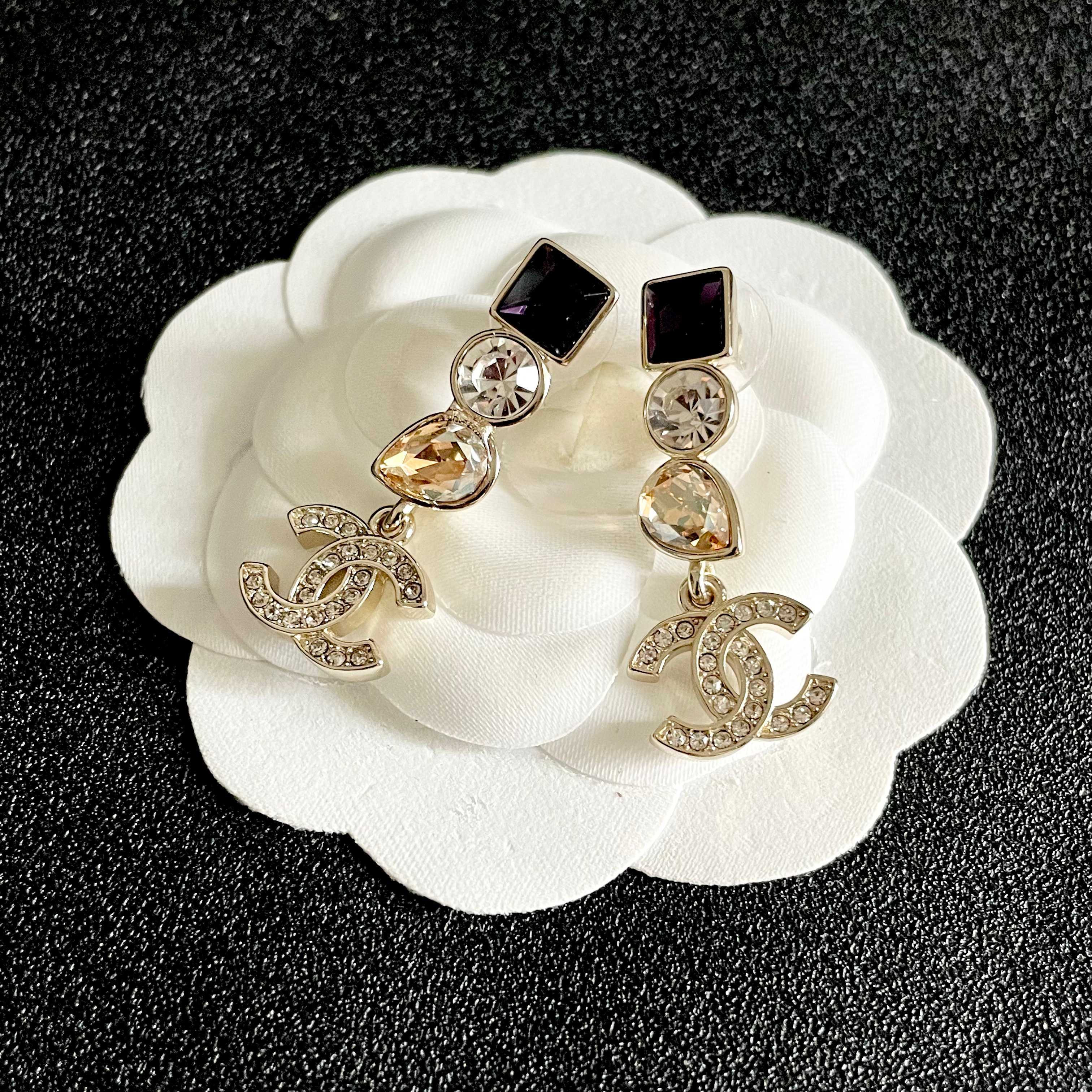 Chanel CC Logo Multi-Stone Drop Earrings earrings Gold-tone metal with purple square crystal clear round crystal champagne pear crystal and clear pave crystals 3cm drop length