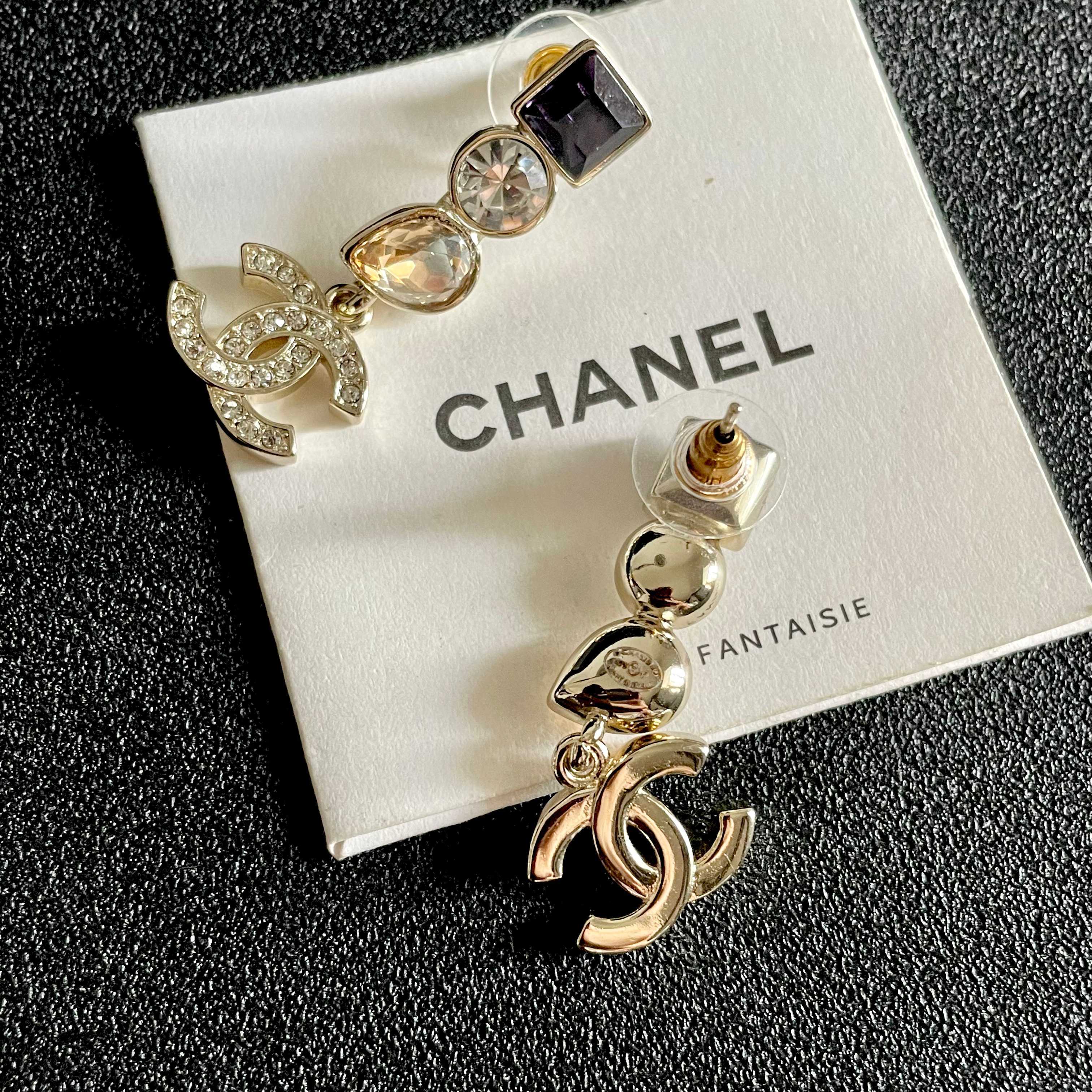 Chanel CC Logo Multi-Stone Drop Earrings earrings Gold-tone metal with purple square crystal clear round crystal champagne pear crystal and clear pave crystals 3cm drop length