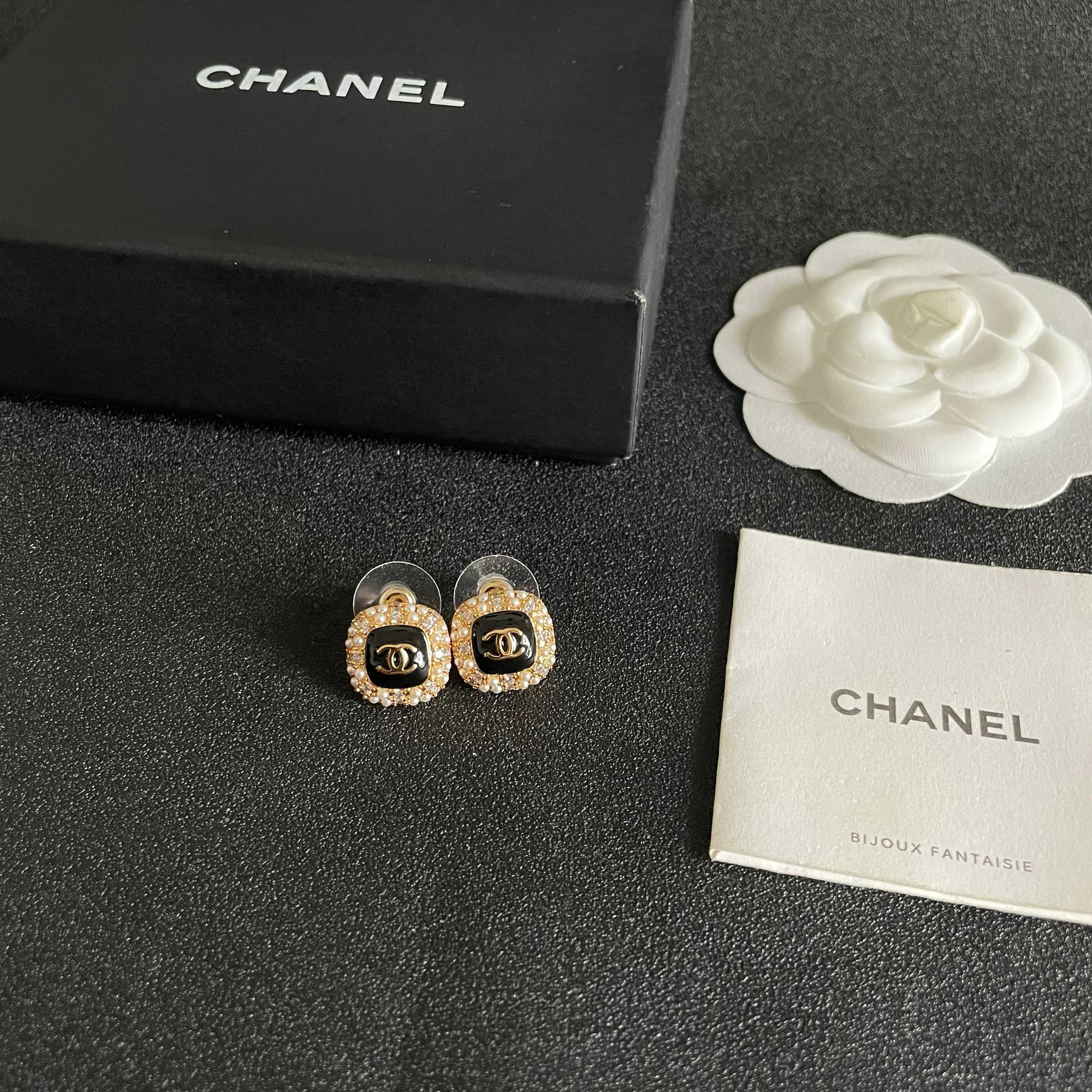 Chanel CC Logo Square Stud Earrings earrings gold-tone metal black enamel clear crystal white faux pearl 1 2cm stud diameter