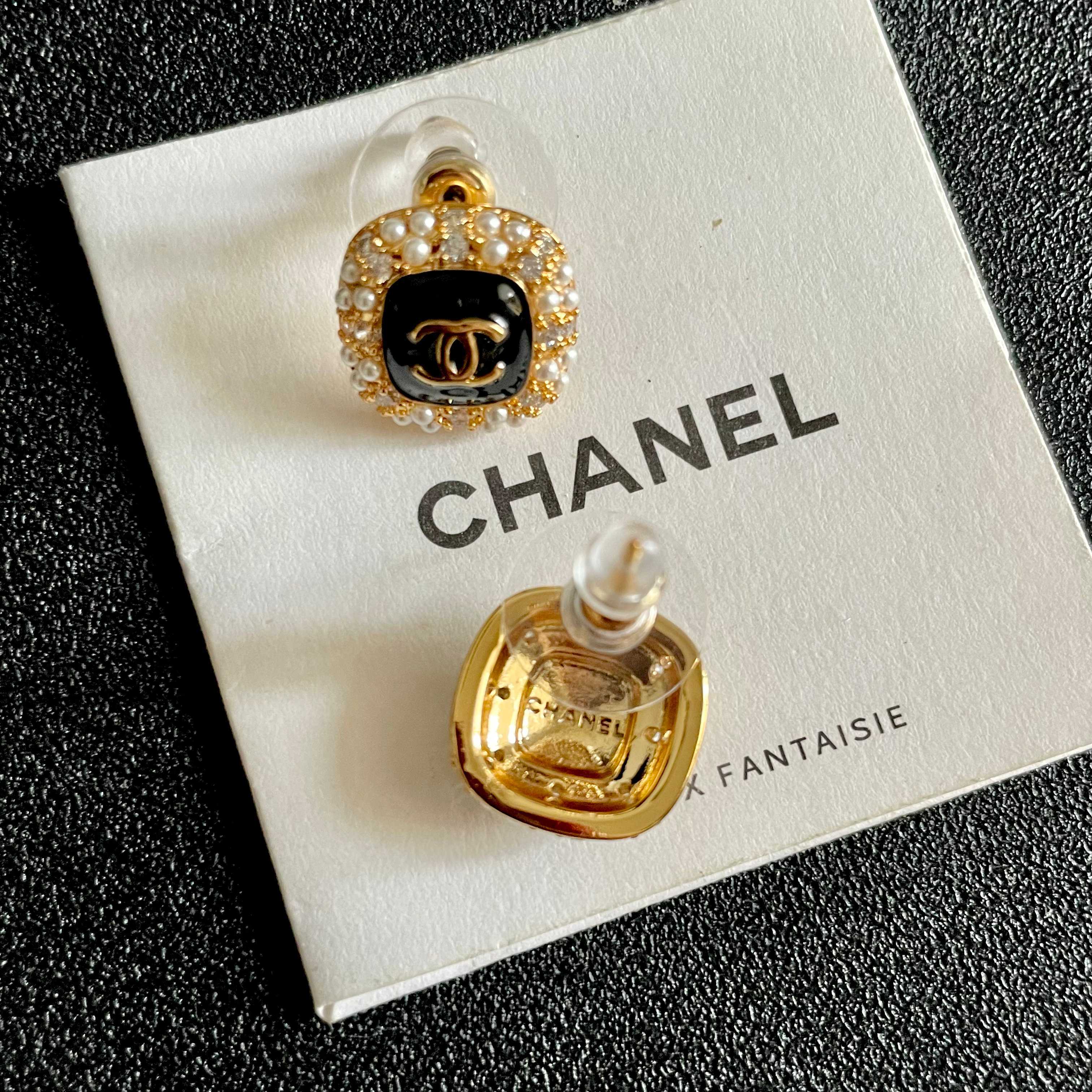 Chanel CC Logo Square Stud Earrings earrings gold-tone metal black enamel clear crystal white faux pearl 1 2cm stud diameter