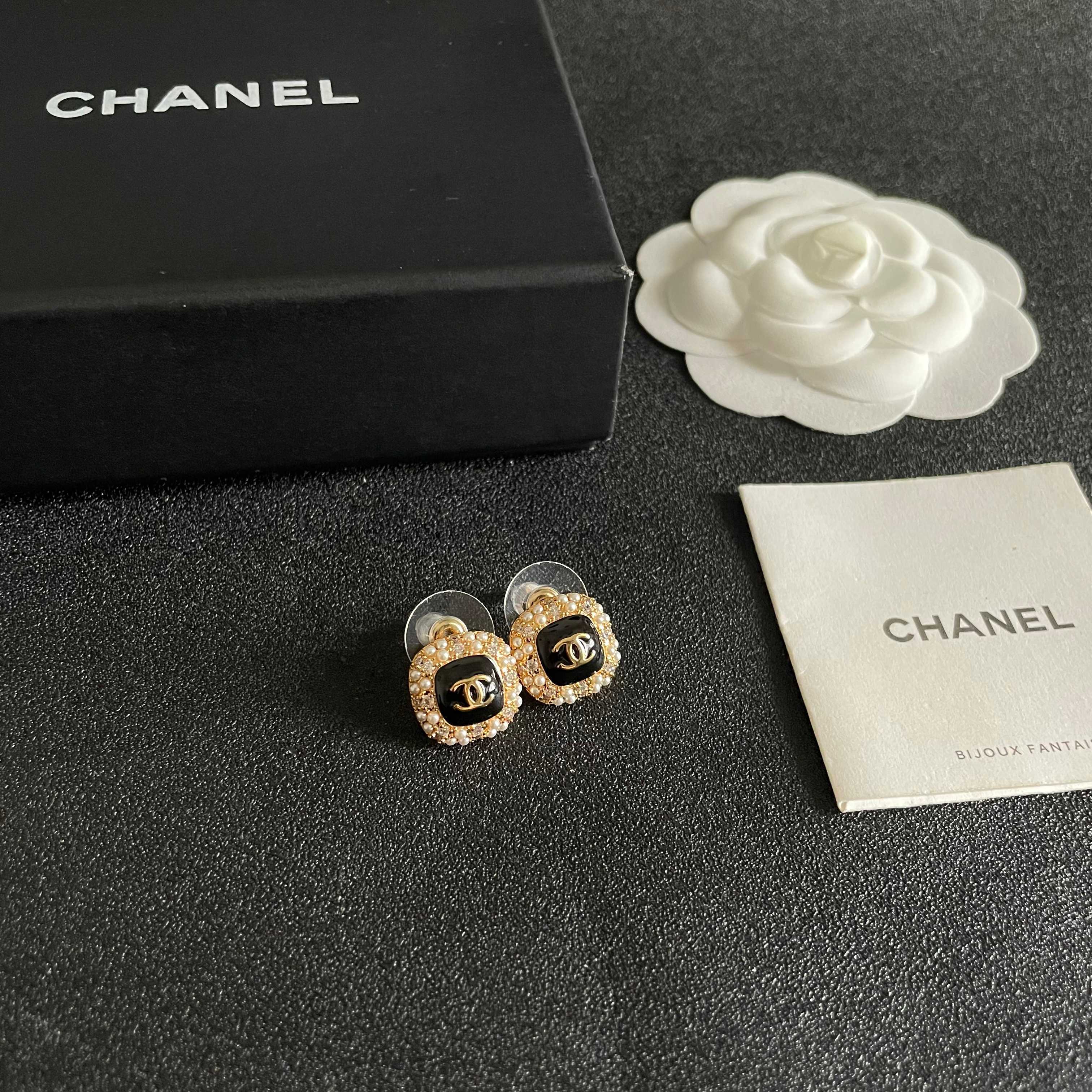 Chanel CC Logo Square Stud Earrings earrings gold-tone metal black enamel clear crystal white faux pearl 1 2cm stud diameter