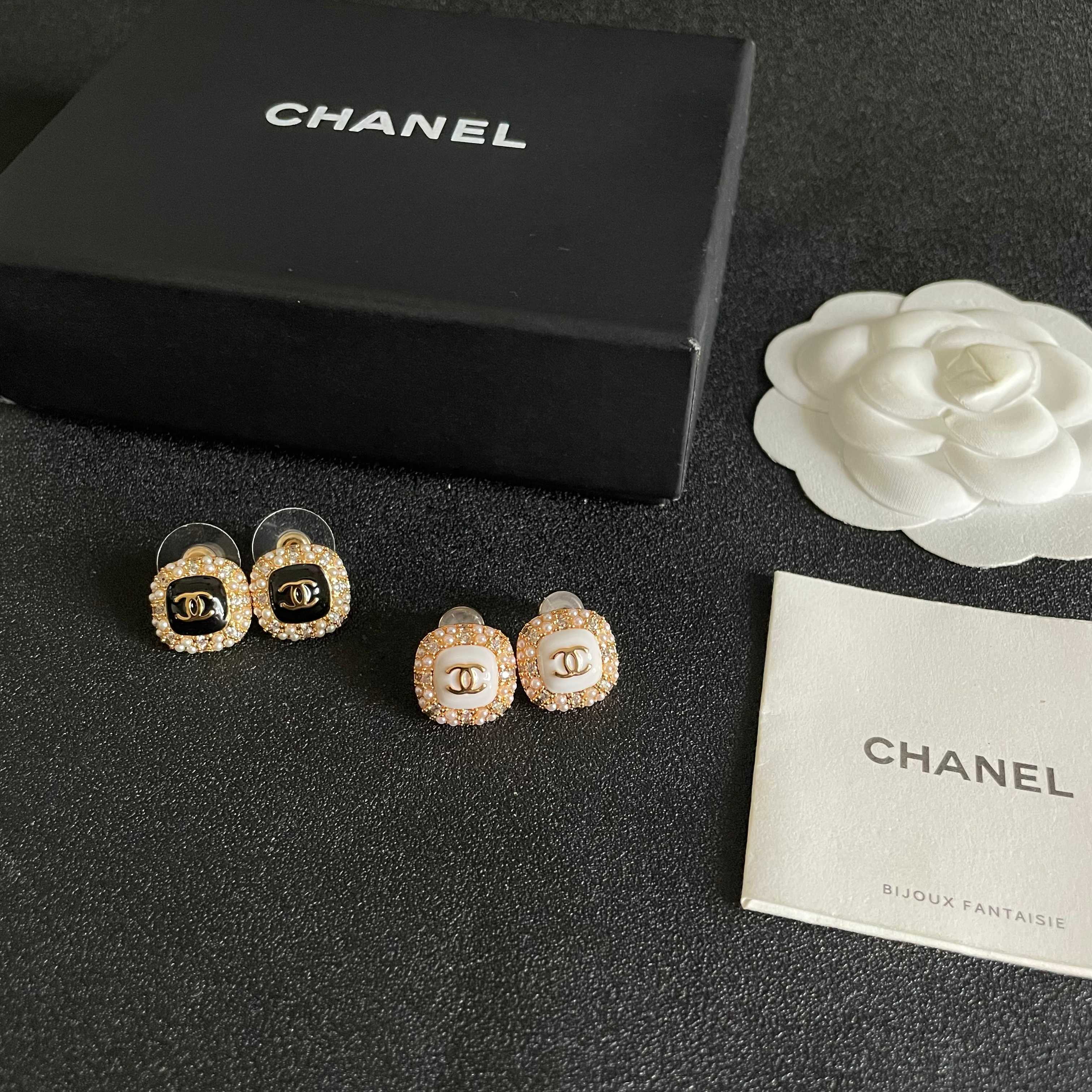 Chanel CC Logo Square Stud Earrings earrings gold-tone metal white enamel clear crystals cream faux pearls 1 2cm diameter