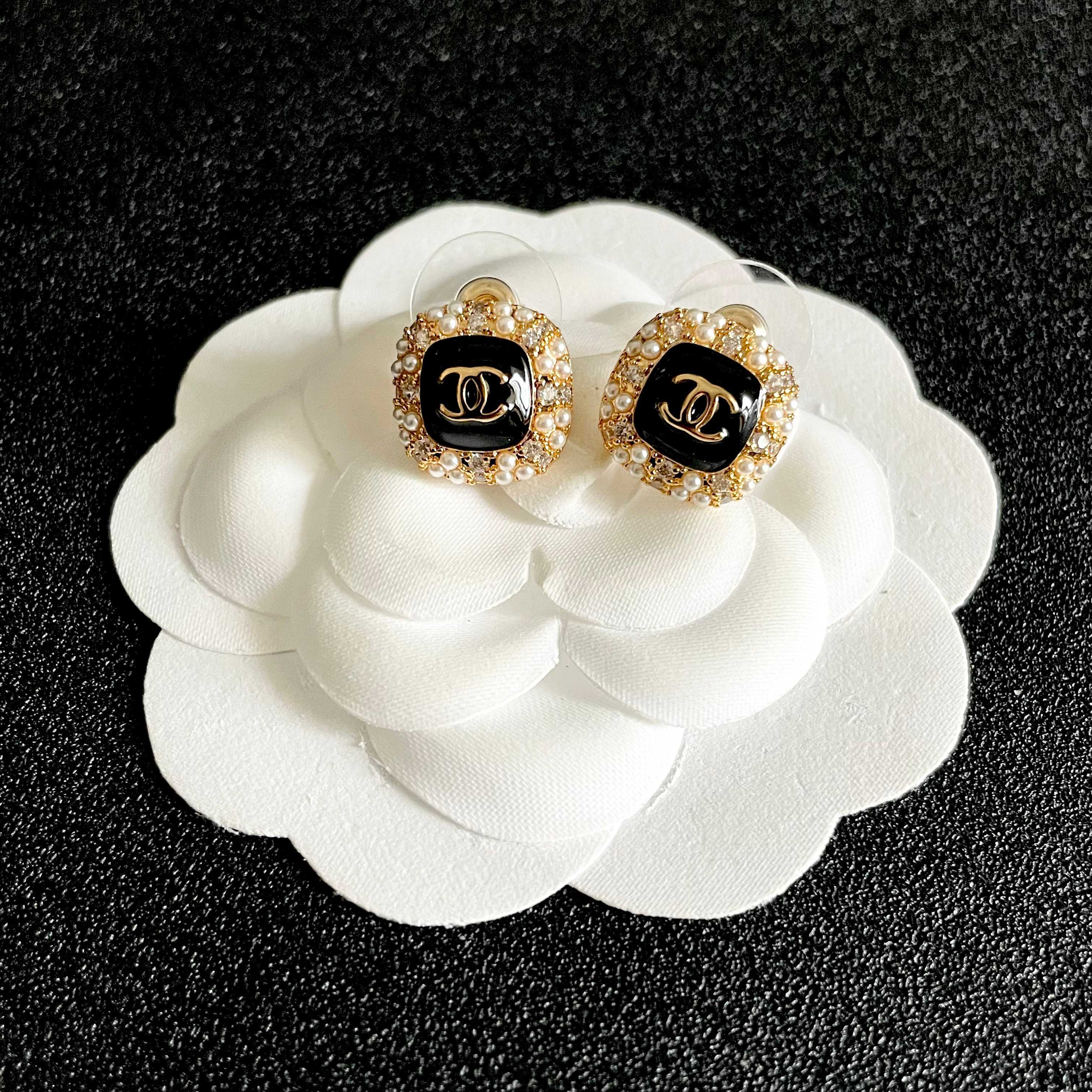 Chanel CC Logo Square Stud Earrings earrings gold-tone metal black enamel clear crystal white faux pearl 1 2cm stud diameter