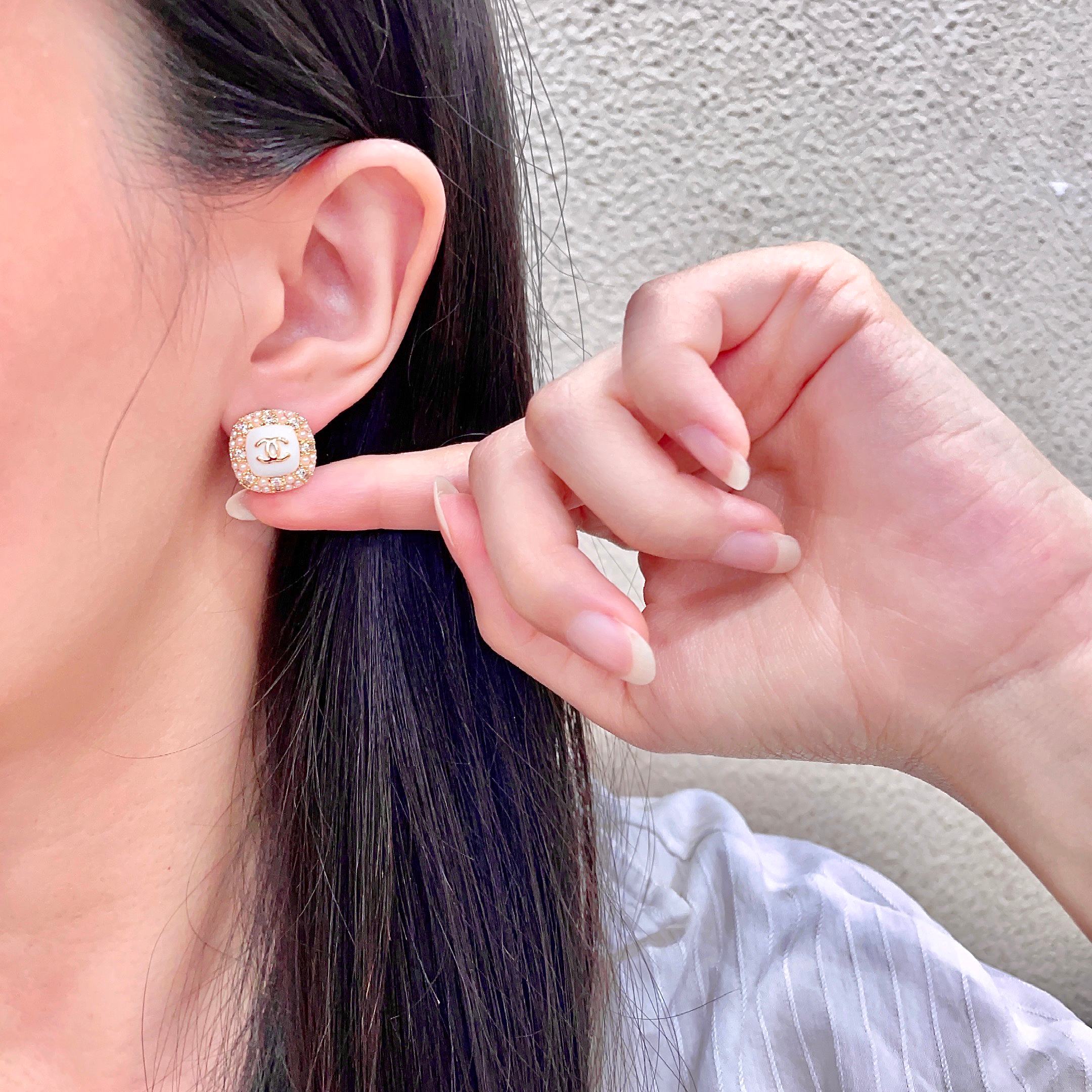 Chanel CC Logo Square Stud Earrings earrings gold-tone metal white enamel clear crystals cream faux pearls 1 2cm diameter