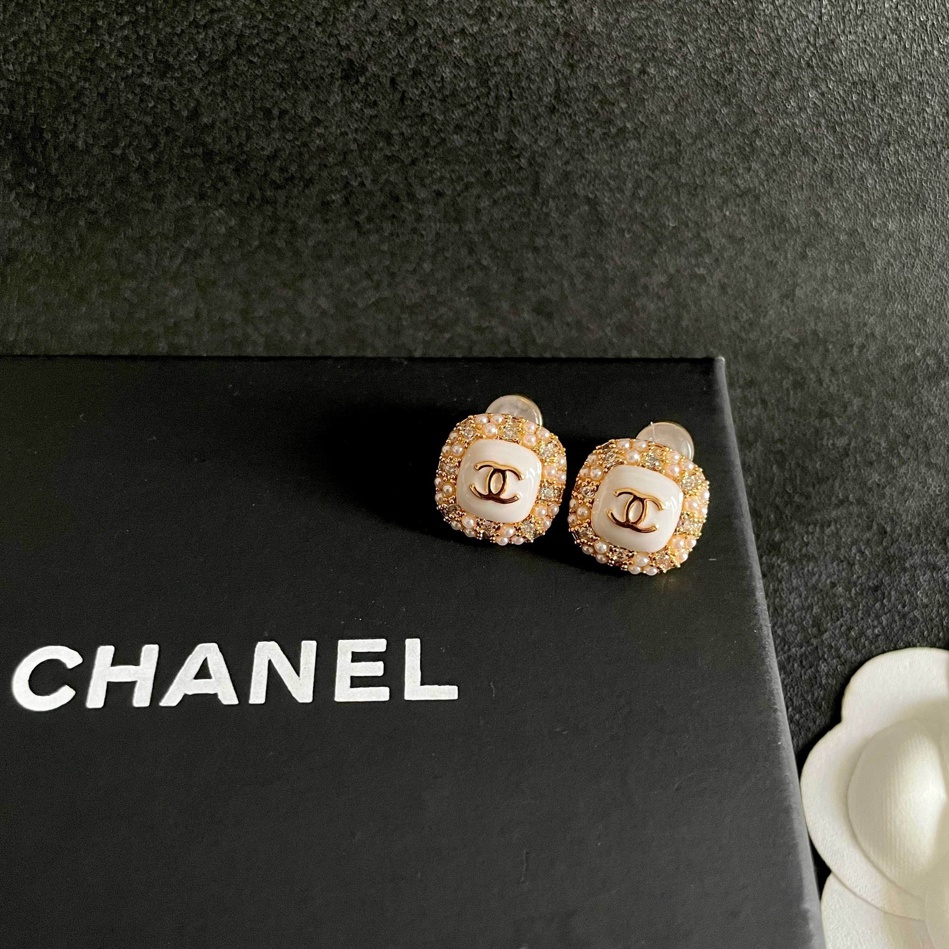 Chanel CC Logo Square Stud Earrings earrings gold-tone metal white enamel clear crystals cream faux pearls 1 2cm diameter