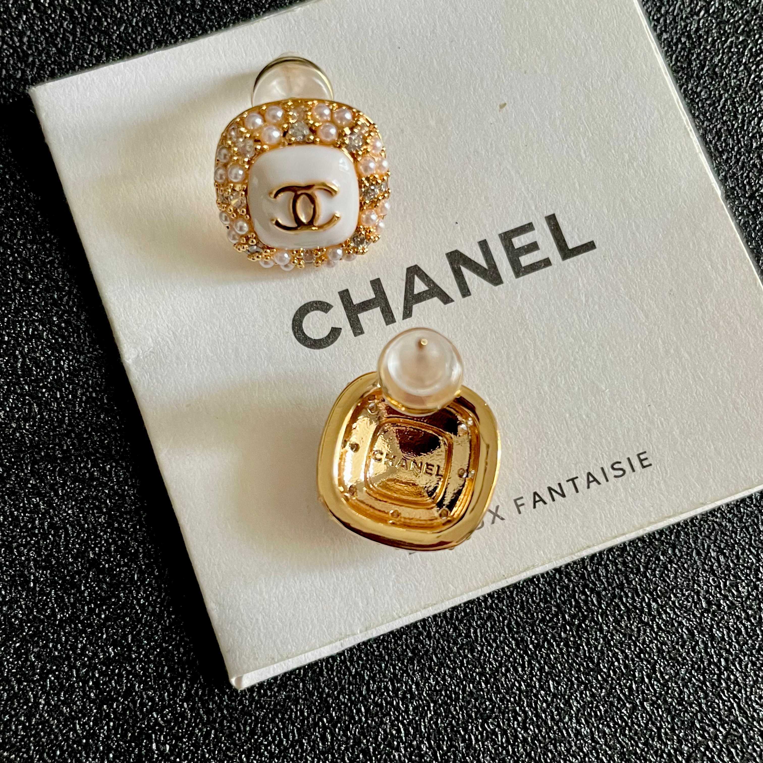 Chanel CC Logo Square Stud Earrings earrings gold-tone metal white enamel clear crystals cream faux pearls 1 2cm diameter