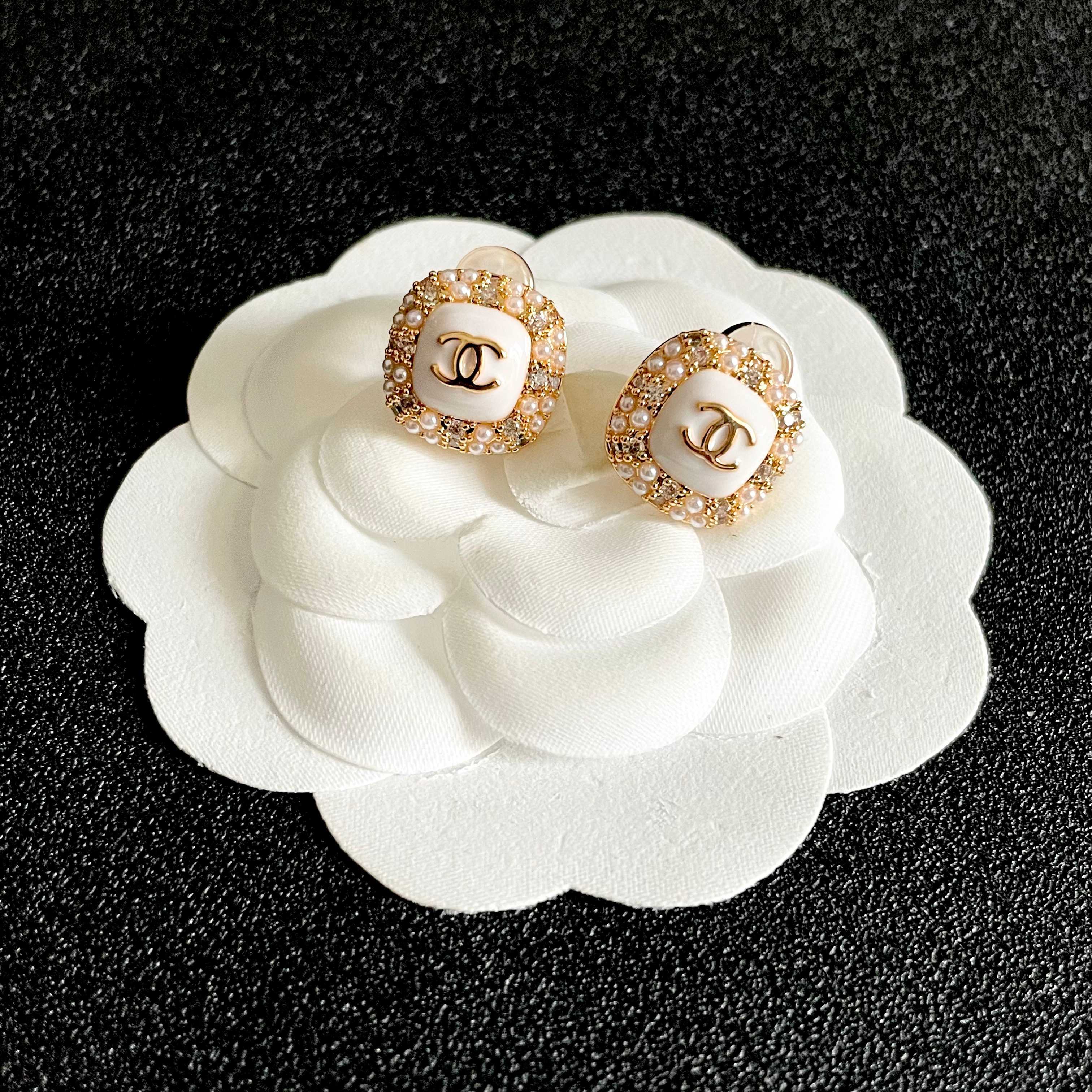 Chanel CC Logo Square Stud Earrings earrings gold-tone metal white enamel clear crystals cream faux pearls 1 2cm diameter