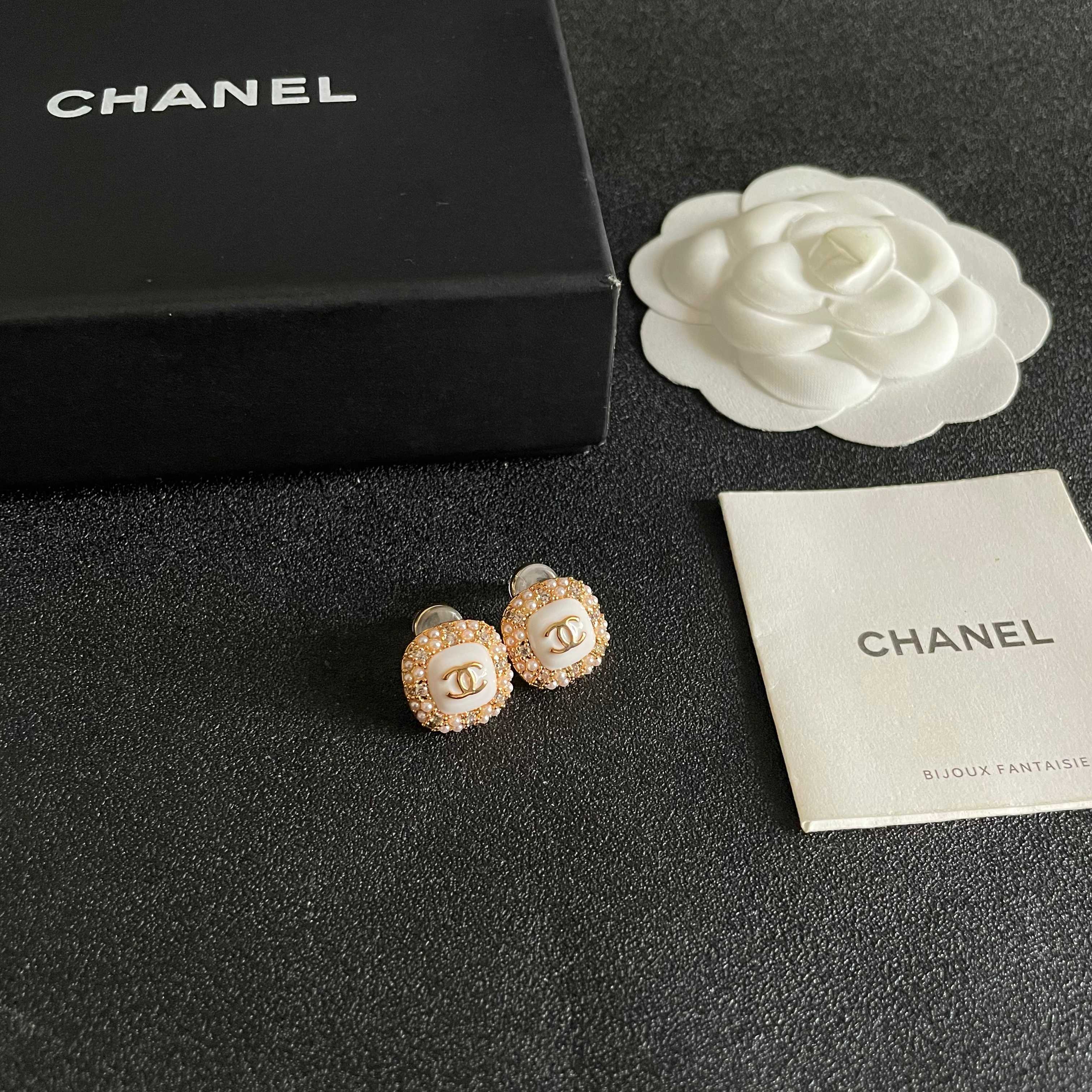 Chanel CC Logo Square Stud Earrings earrings gold-tone metal white enamel clear crystals cream faux pearls 1 2cm diameter