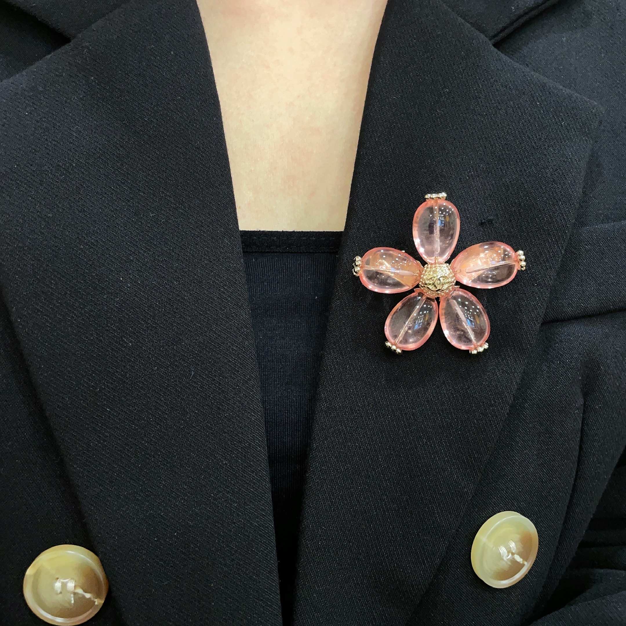 Chanel CC Logo Transparent Resin Flower Brooch brooch light gold metal translucent pink resin 4 5cm width