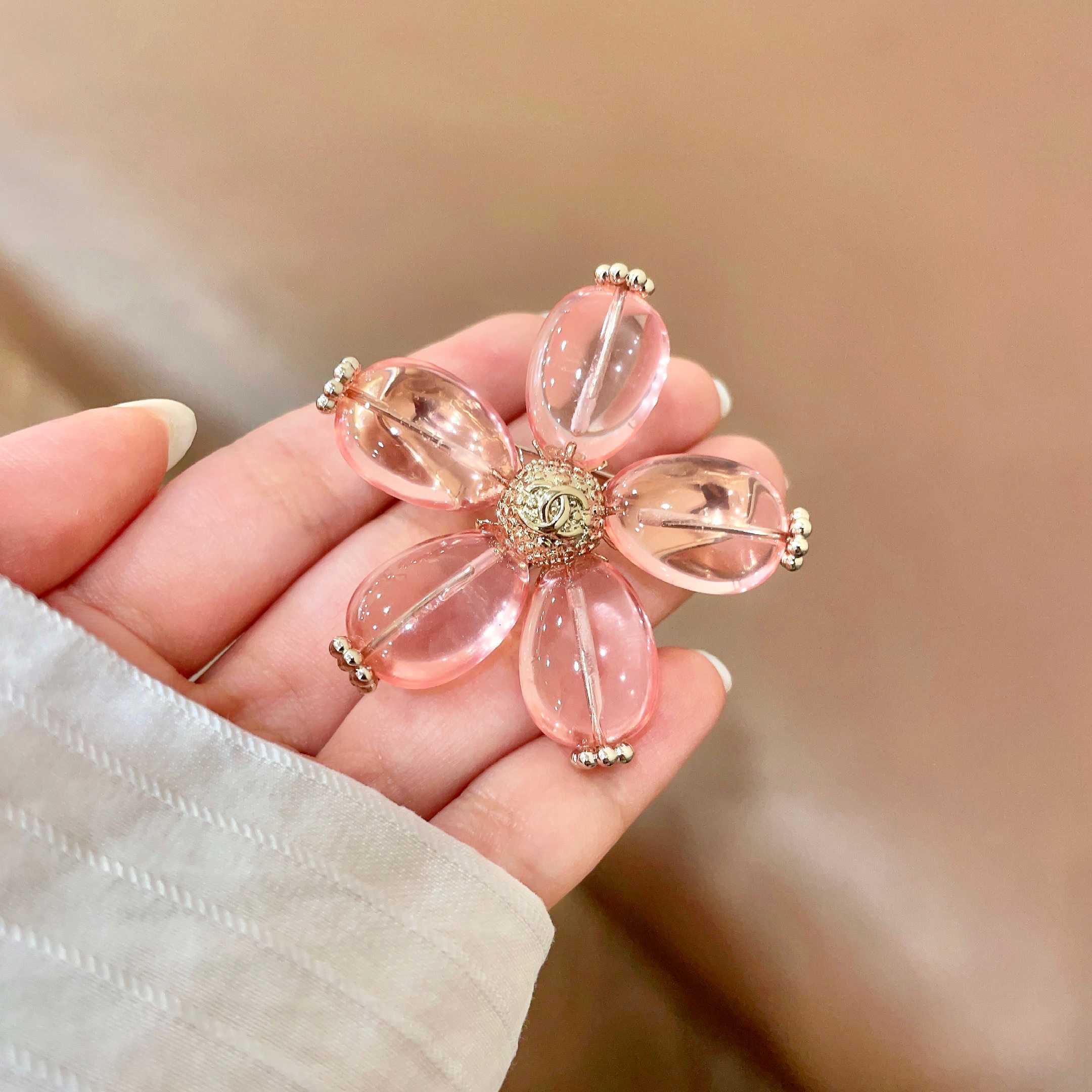 Chanel CC Logo Transparent Resin Flower Brooch brooch light gold metal translucent pink resin 4 5cm width