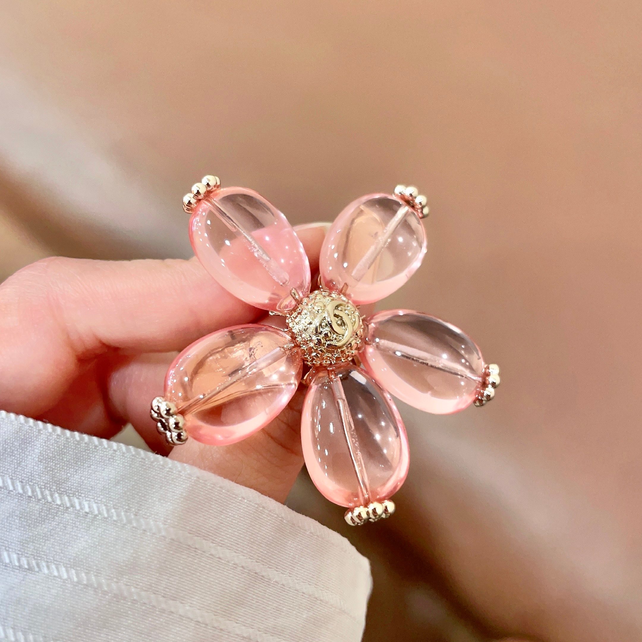 Chanel CC Logo Transparent Resin Flower Brooch brooch light gold metal translucent pink resin 4 5cm width