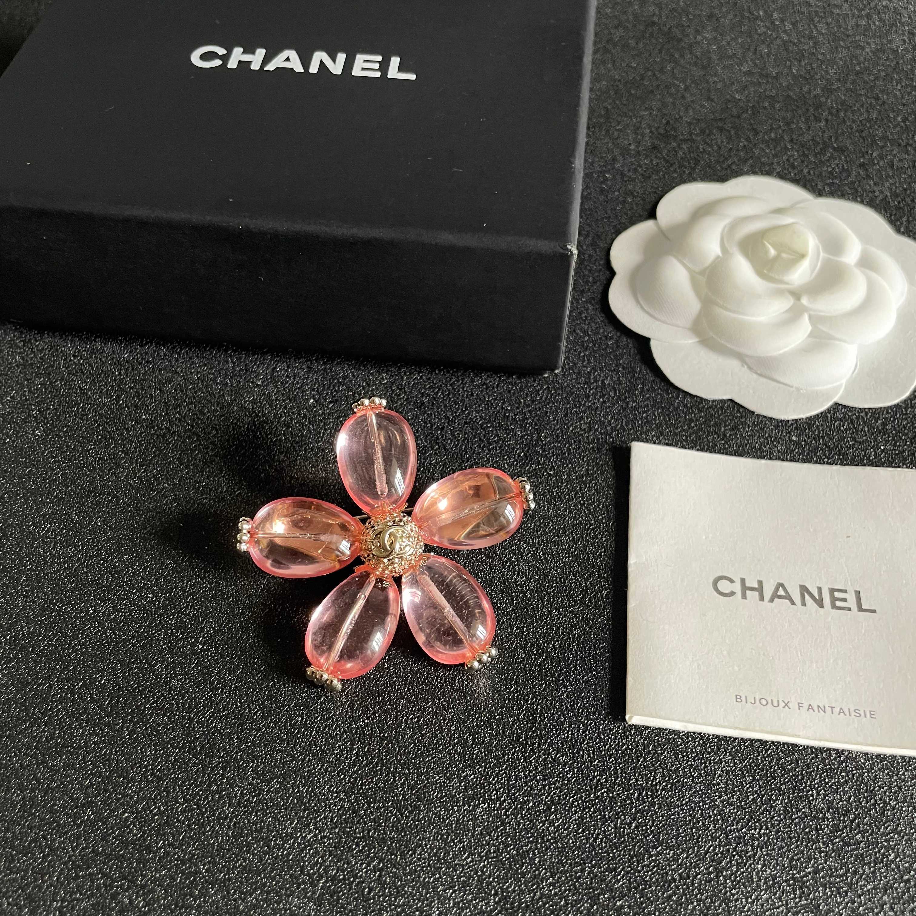 Chanel CC Logo Transparent Resin Flower Brooch brooch light gold metal translucent pink resin 4 5cm width