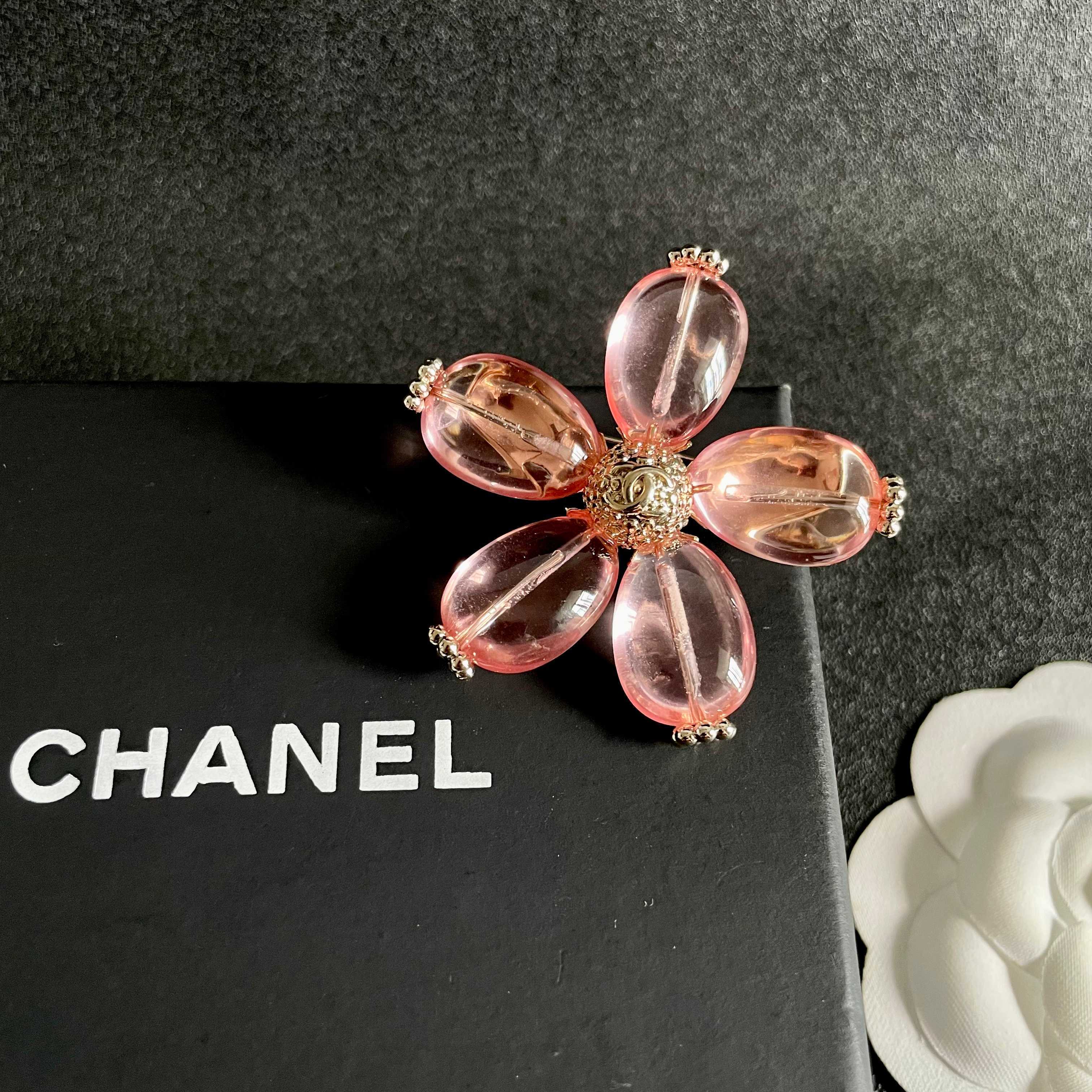 Chanel CC Logo Transparent Resin Flower Brooch brooch light gold metal translucent pink resin 4 5cm width