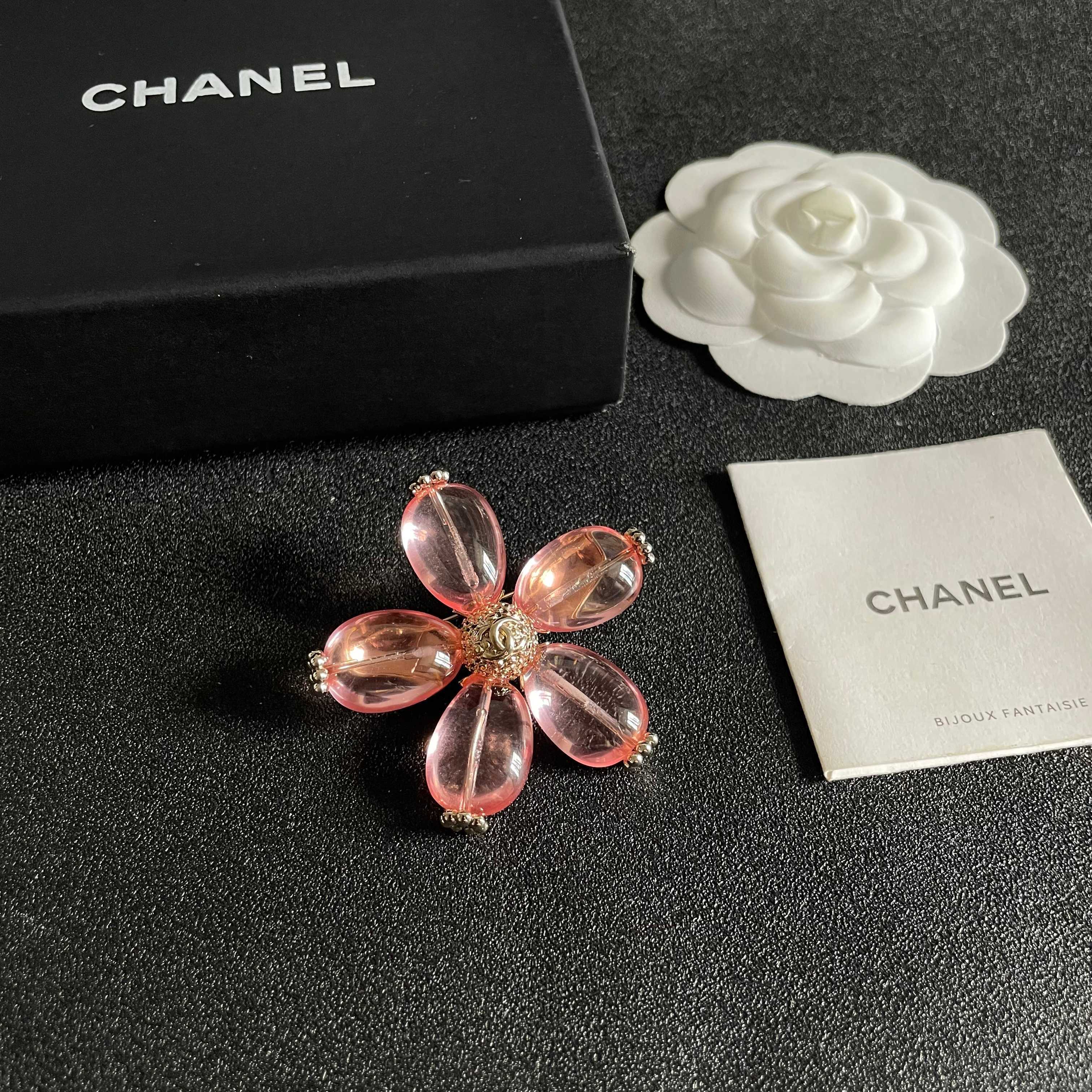 Chanel CC Logo Transparent Resin Flower Brooch brooch light gold metal translucent pink resin 4 5cm width