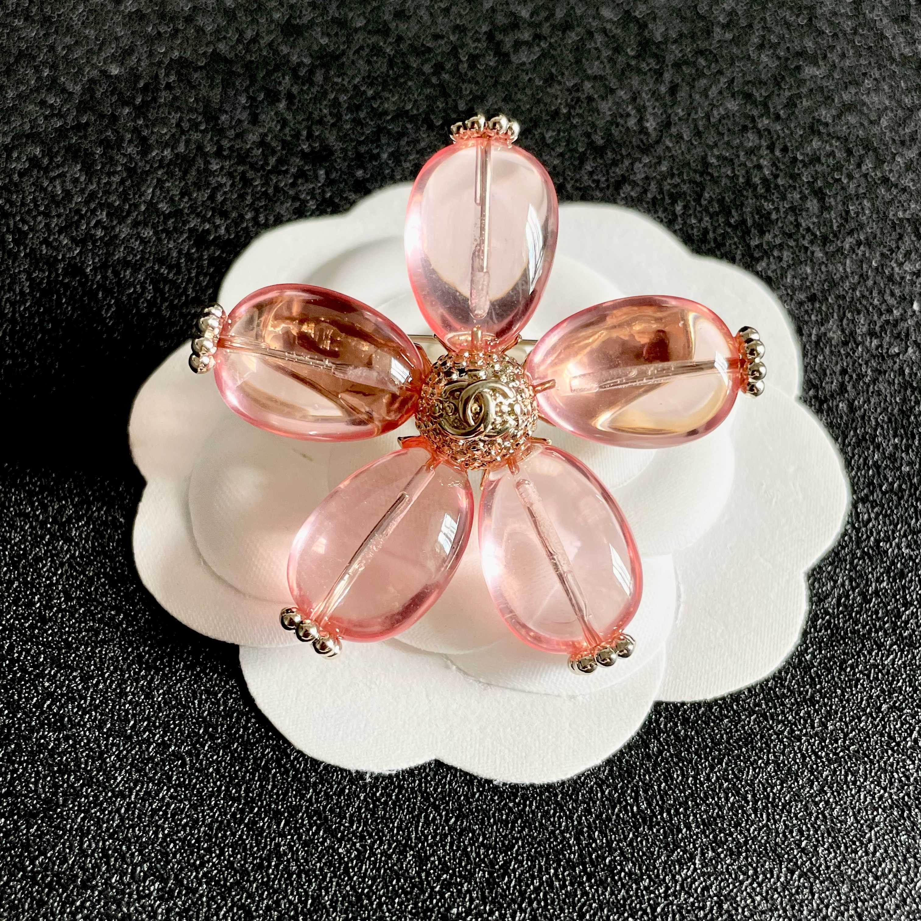 Chanel CC Logo Transparent Resin Flower Brooch brooch light gold metal translucent pink resin 4 5cm width