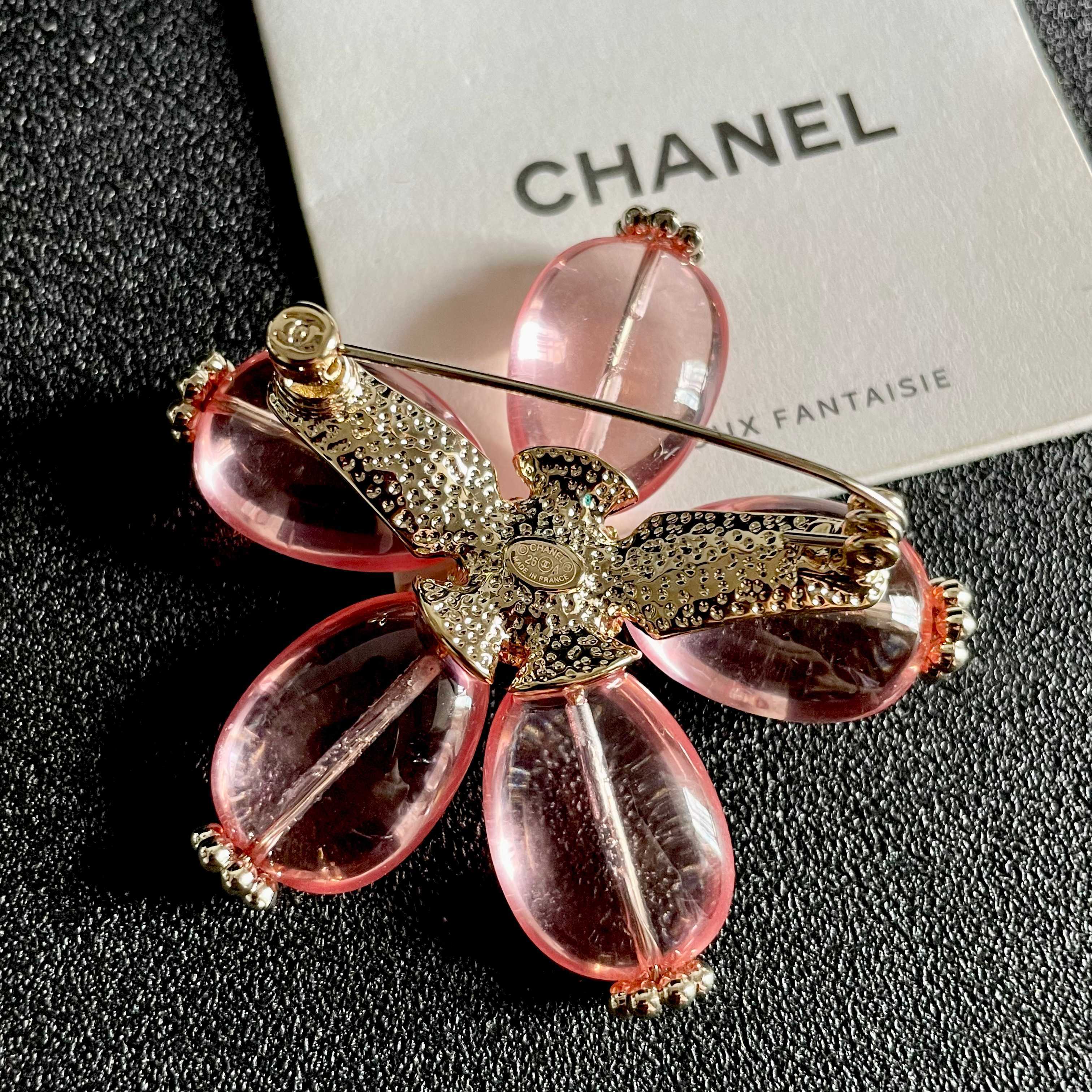 Chanel CC Logo Transparent Resin Flower Brooch brooch light gold metal translucent pink resin 4 5cm width