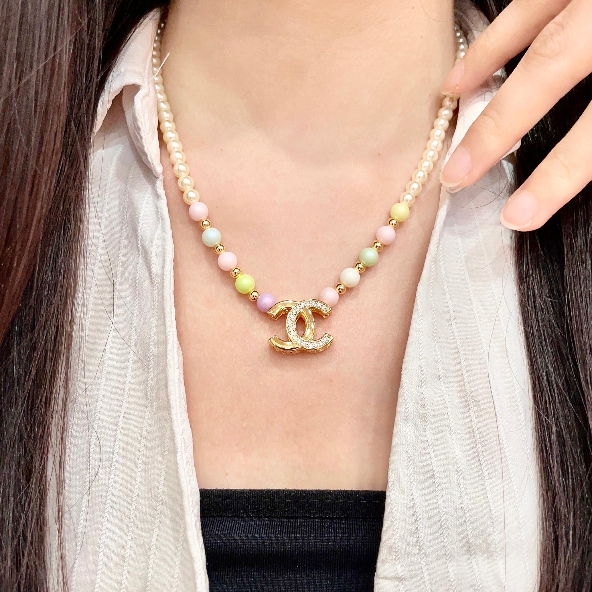 Chanel CC Logo Pastel Pearl Necklace necklace Gold-tone metal cream faux pearls pastel multicolor faux pearls clear crystal accents 42cm
