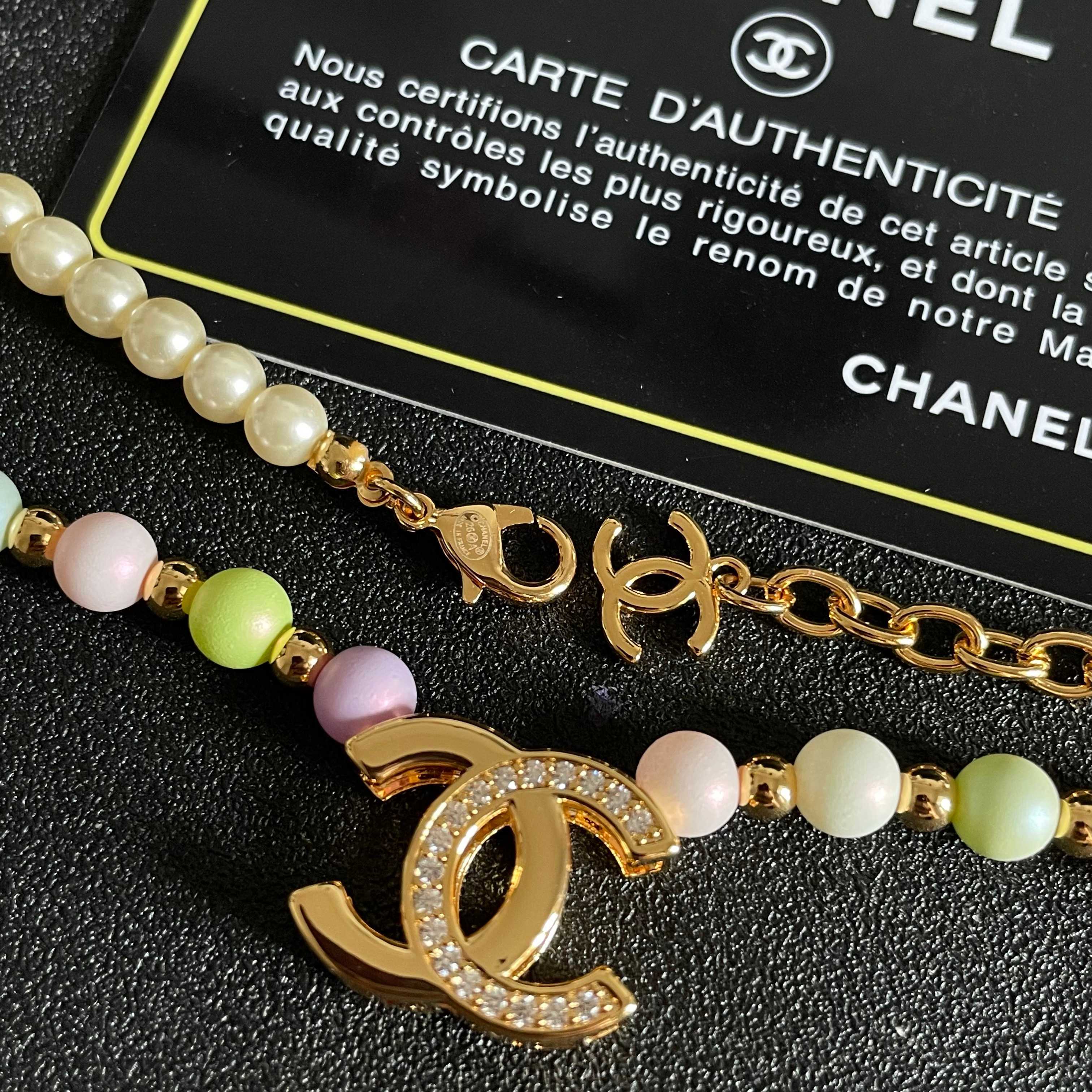 Chanel CC Logo Pastel Pearl Necklace necklace Gold-tone metal cream faux pearls pastel multicolor faux pearls clear crystal accents 42cm