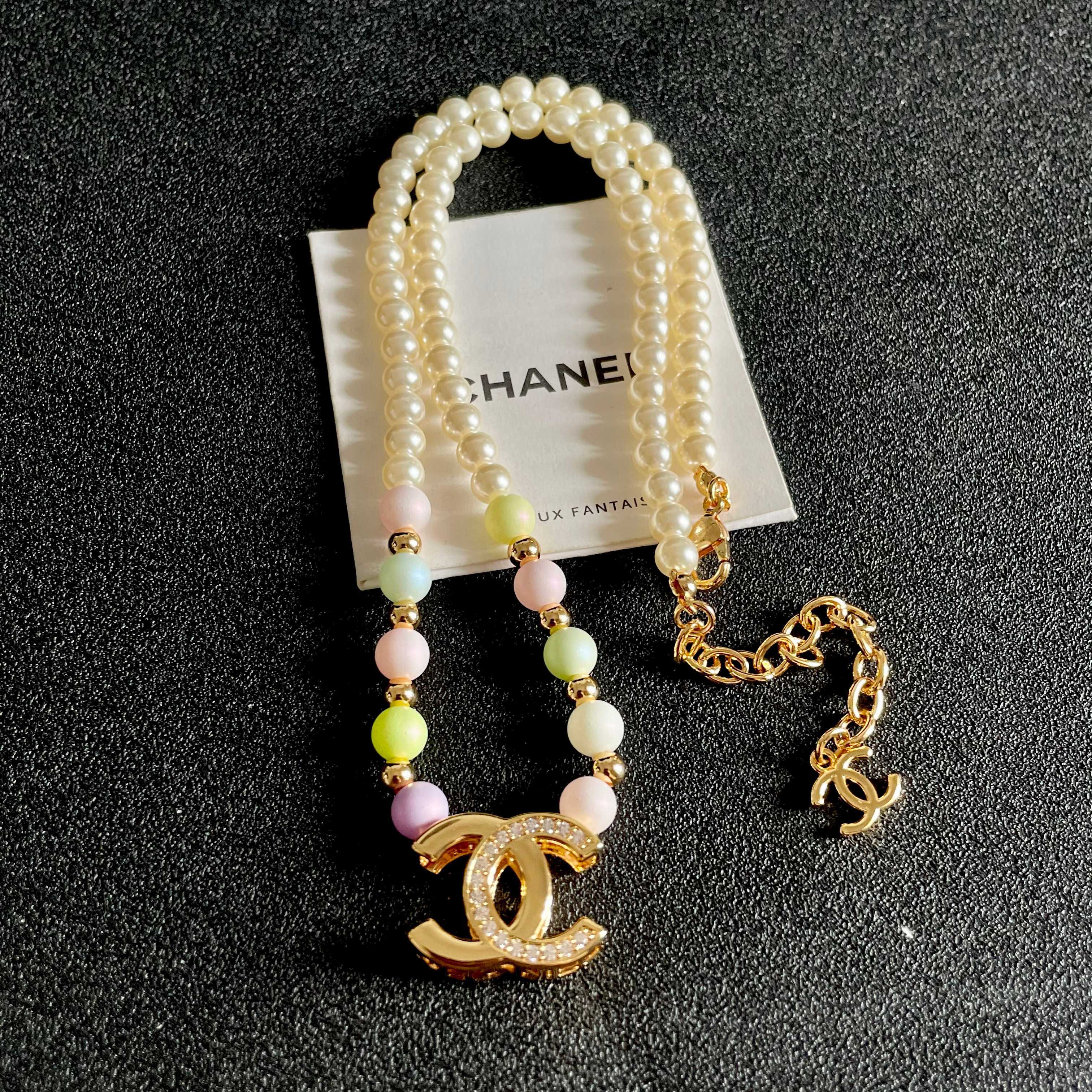 Chanel CC Logo Pastel Pearl Necklace necklace Gold-tone metal cream faux pearls pastel multicolor faux pearls clear crystal accents 42cm