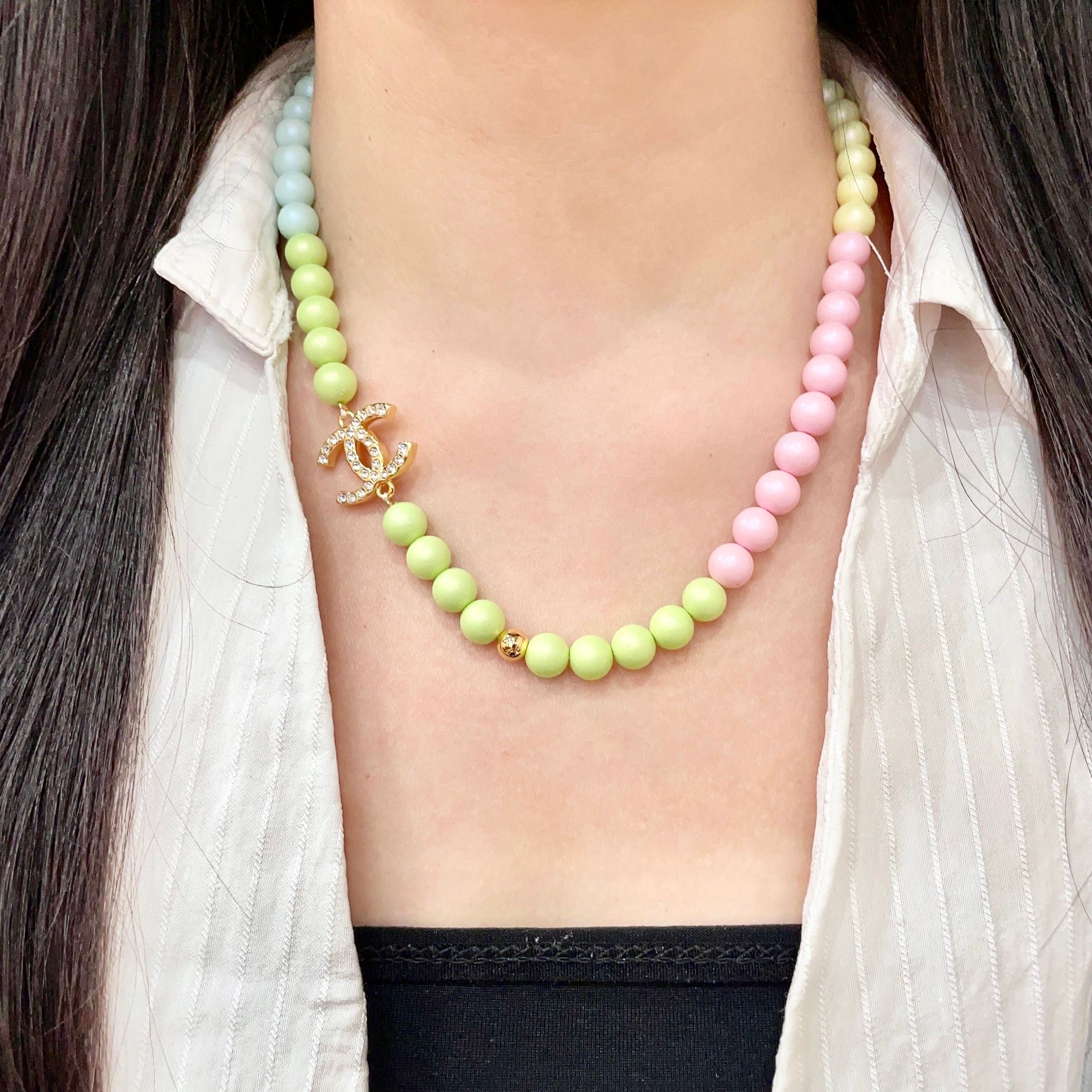 Chanel CC Logo Pastel Beaded Necklace necklace Gold-tone metal with clear crystals pastel mint green light blue pale yellow and pink beads 42cm