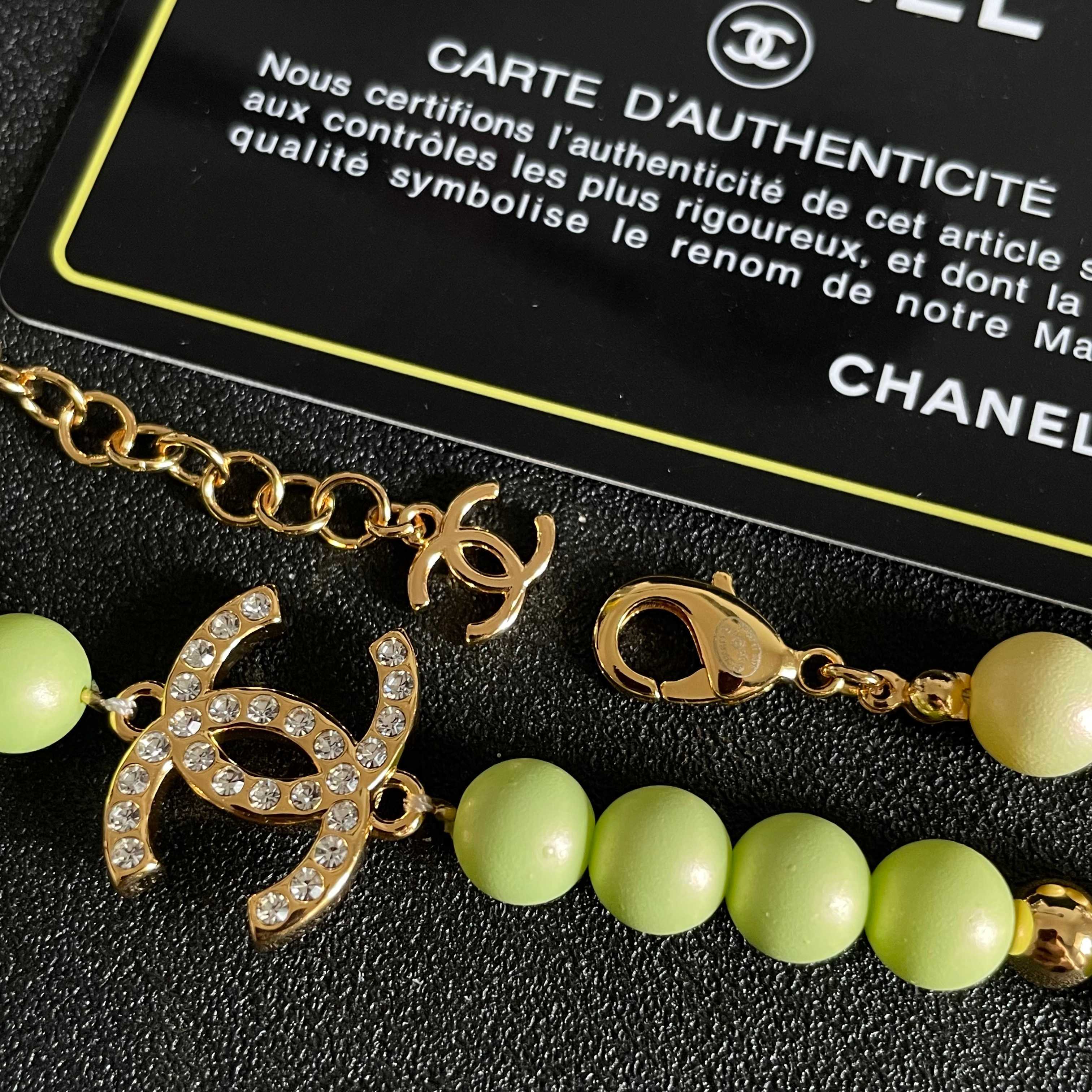 Chanel CC Logo Pastel Beaded Necklace necklace Gold-tone metal with clear crystals pastel mint green light blue pale yellow and pink beads 42cm