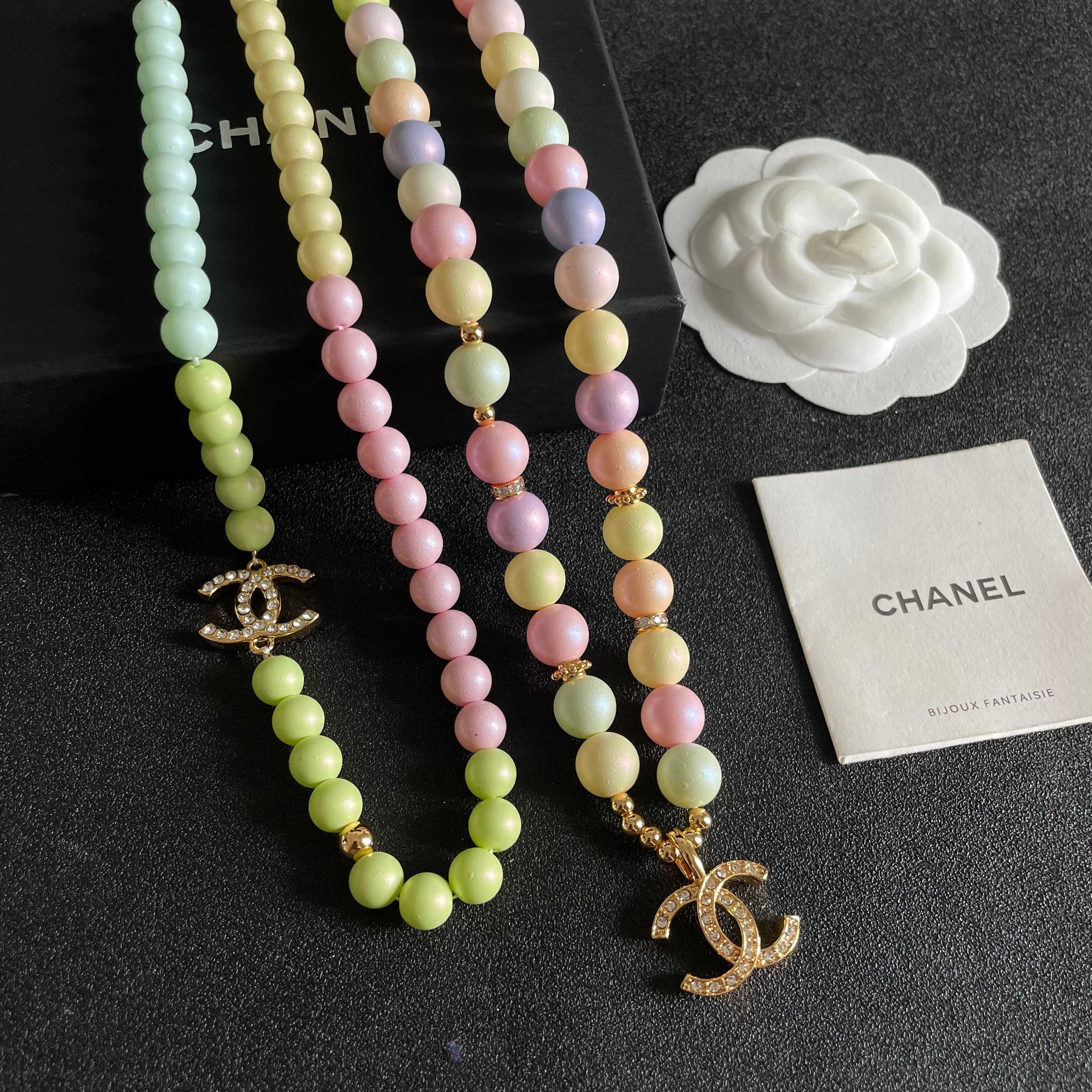 Chanel CC Logo Pastel Bead Necklace necklace Gold-tone metal with clear crystal accents pastel multicolor beads pink yellow mint green lavender peach cream 42cm with 5cm extender chain