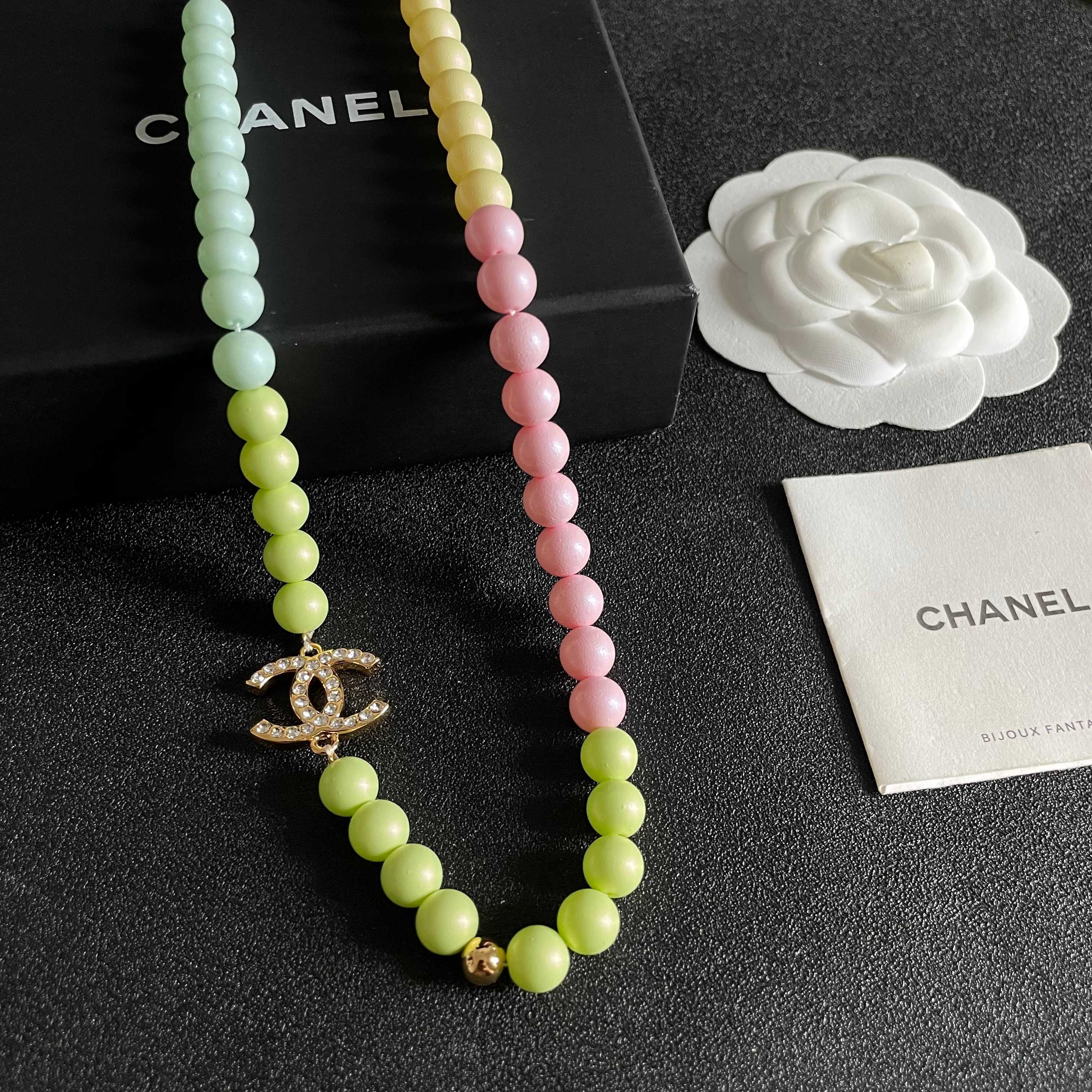 Chanel CC Logo Pastel Beaded Necklace necklace Gold-tone metal with clear crystals pastel mint green light blue pale yellow and pink beads 42cm