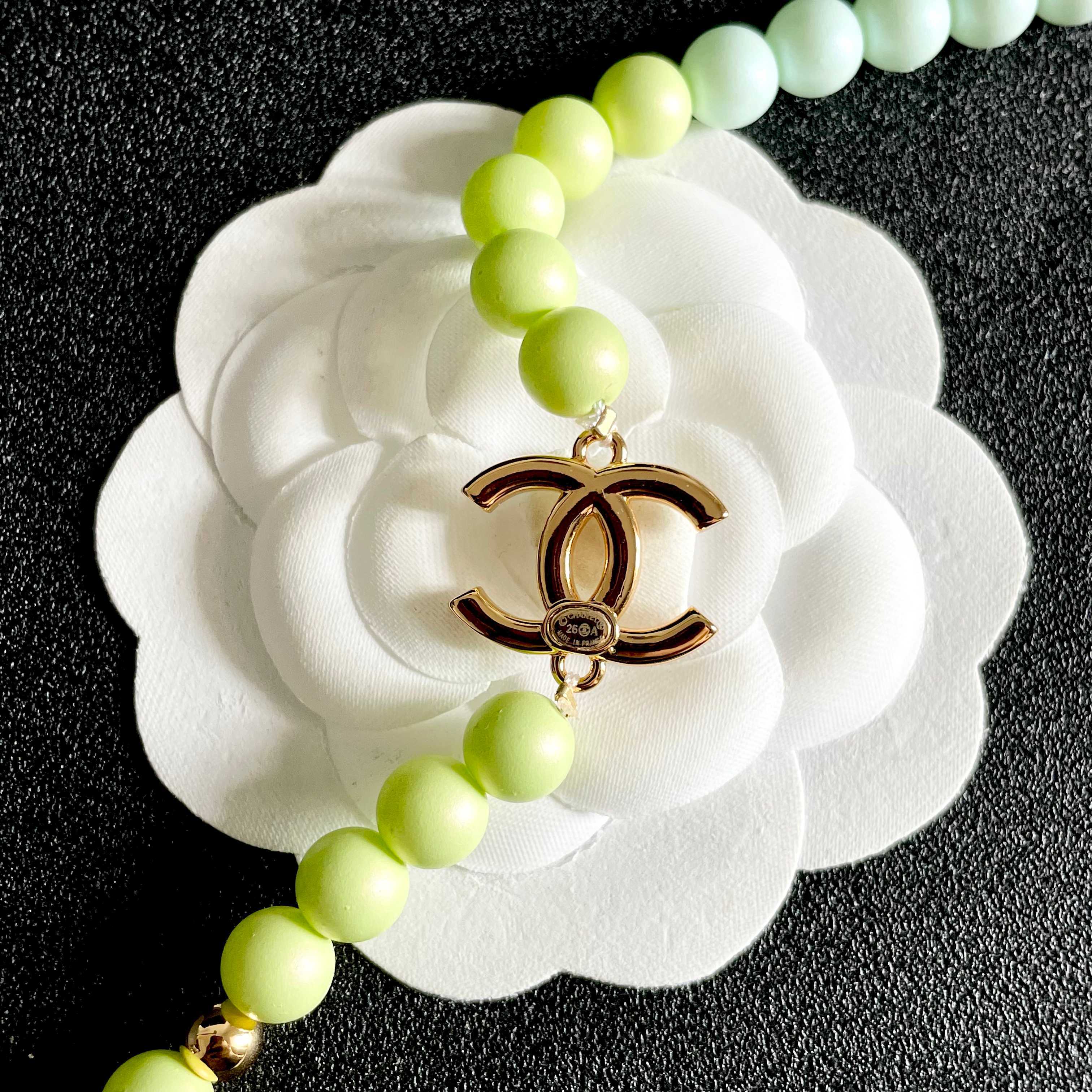 Chanel CC Logo Pastel Beaded Necklace necklace Gold-tone metal with clear crystals pastel mint green light blue pale yellow and pink beads 42cm