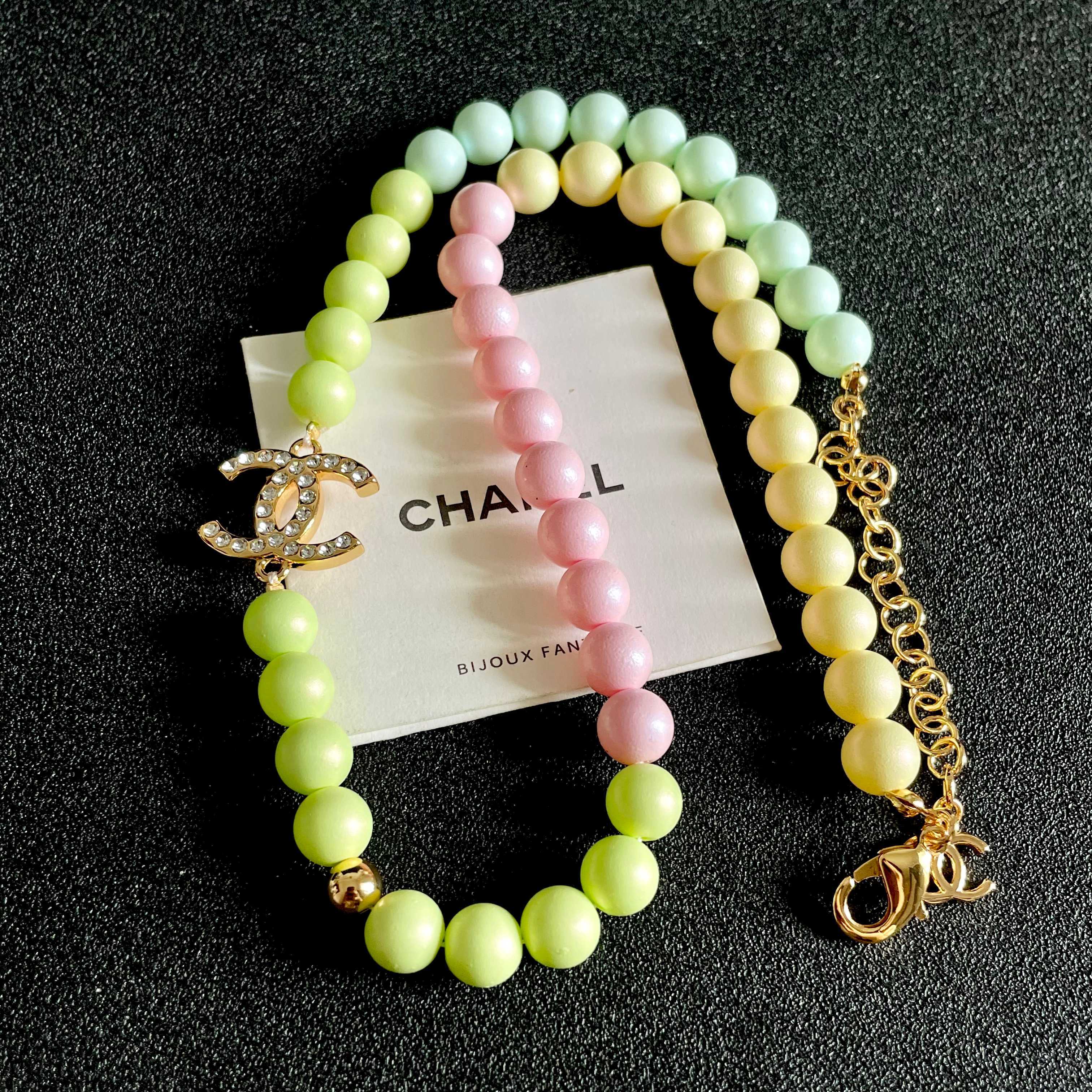 Chanel CC Logo Pastel Beaded Necklace necklace Gold-tone metal with clear crystals pastel mint green light blue pale yellow and pink beads 42cm