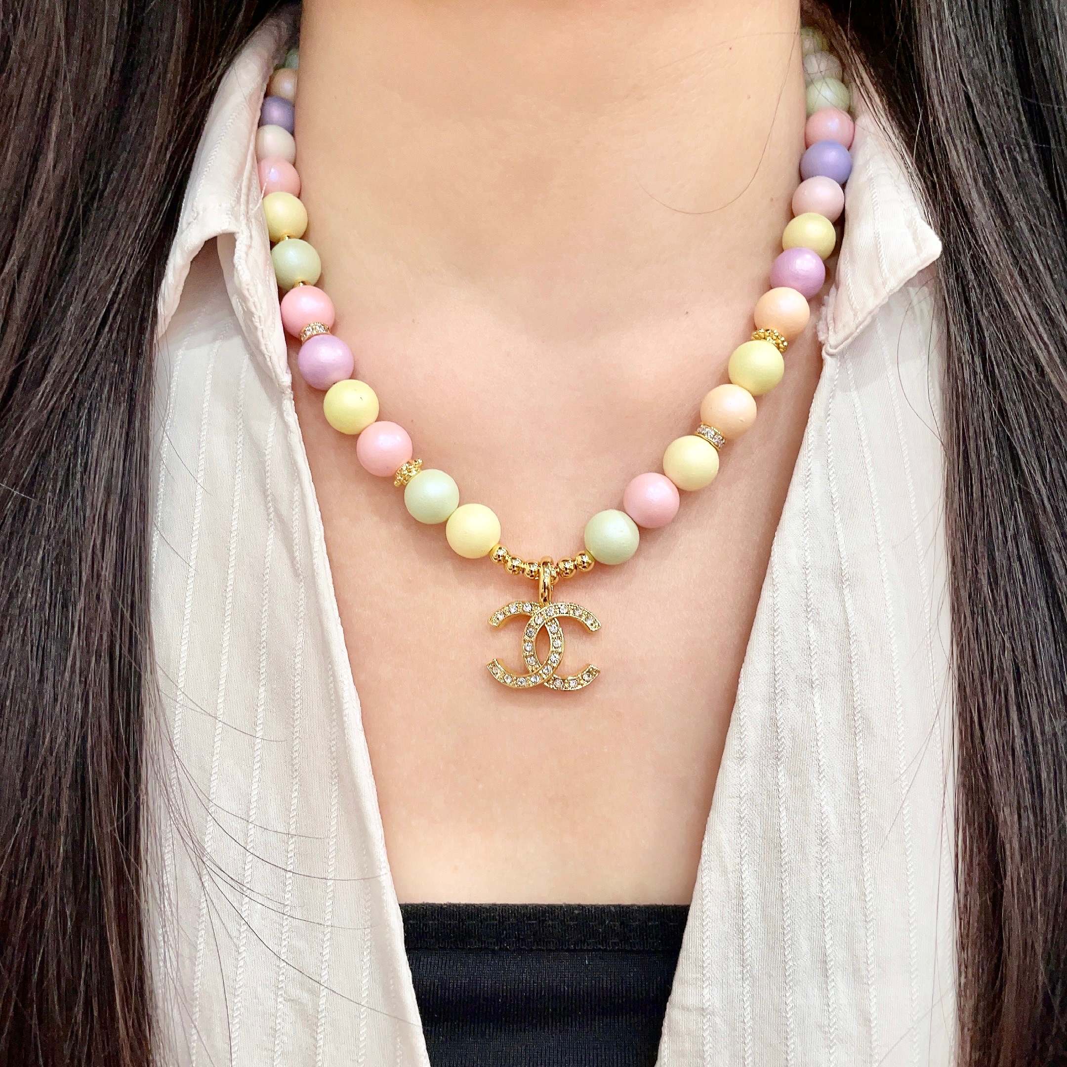 Chanel CC Logo Pastel Bead Necklace necklace Gold-tone metal with clear crystal accents pastel multicolor beads pink yellow mint green lavender peach cream 42cm with 5cm extender chain