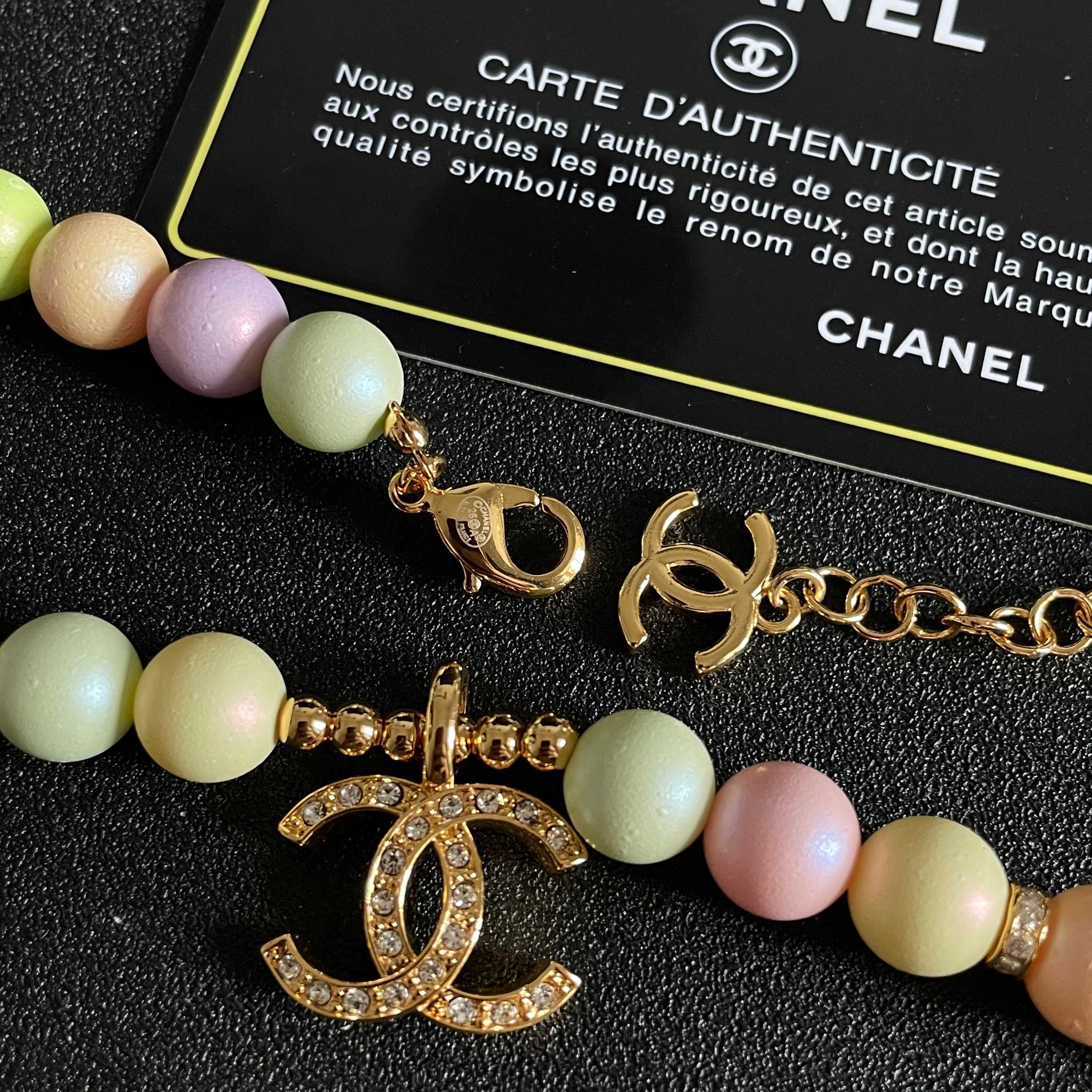 Chanel CC Logo Pastel Bead Necklace necklace Gold-tone metal with clear crystal accents pastel multicolor beads pink yellow mint green lavender peach cream 42cm with 5cm extender chain