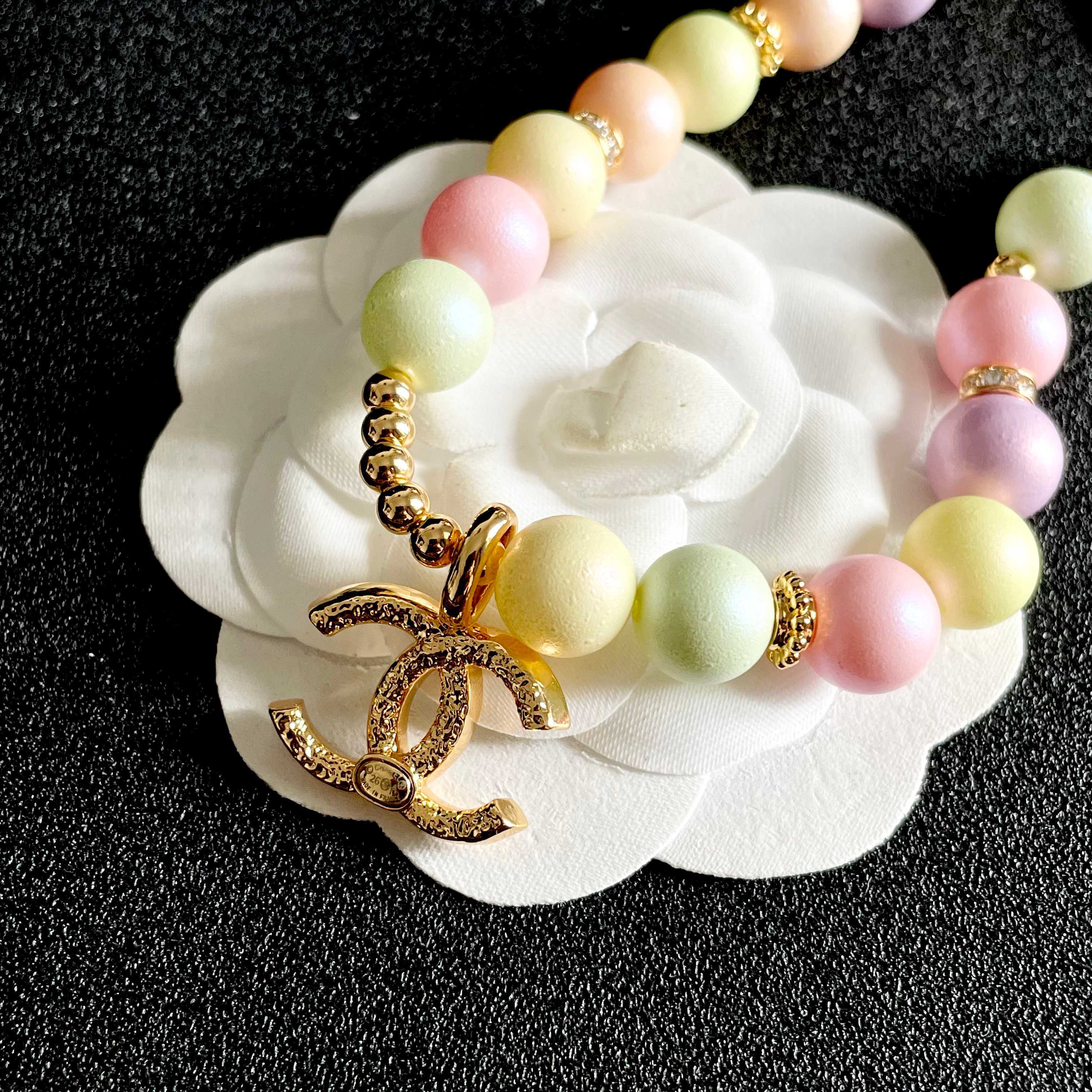 Chanel CC Logo Pastel Bead Necklace necklace Gold-tone metal with clear crystal accents pastel multicolor beads pink yellow mint green lavender peach cream 42cm with 5cm extender chain