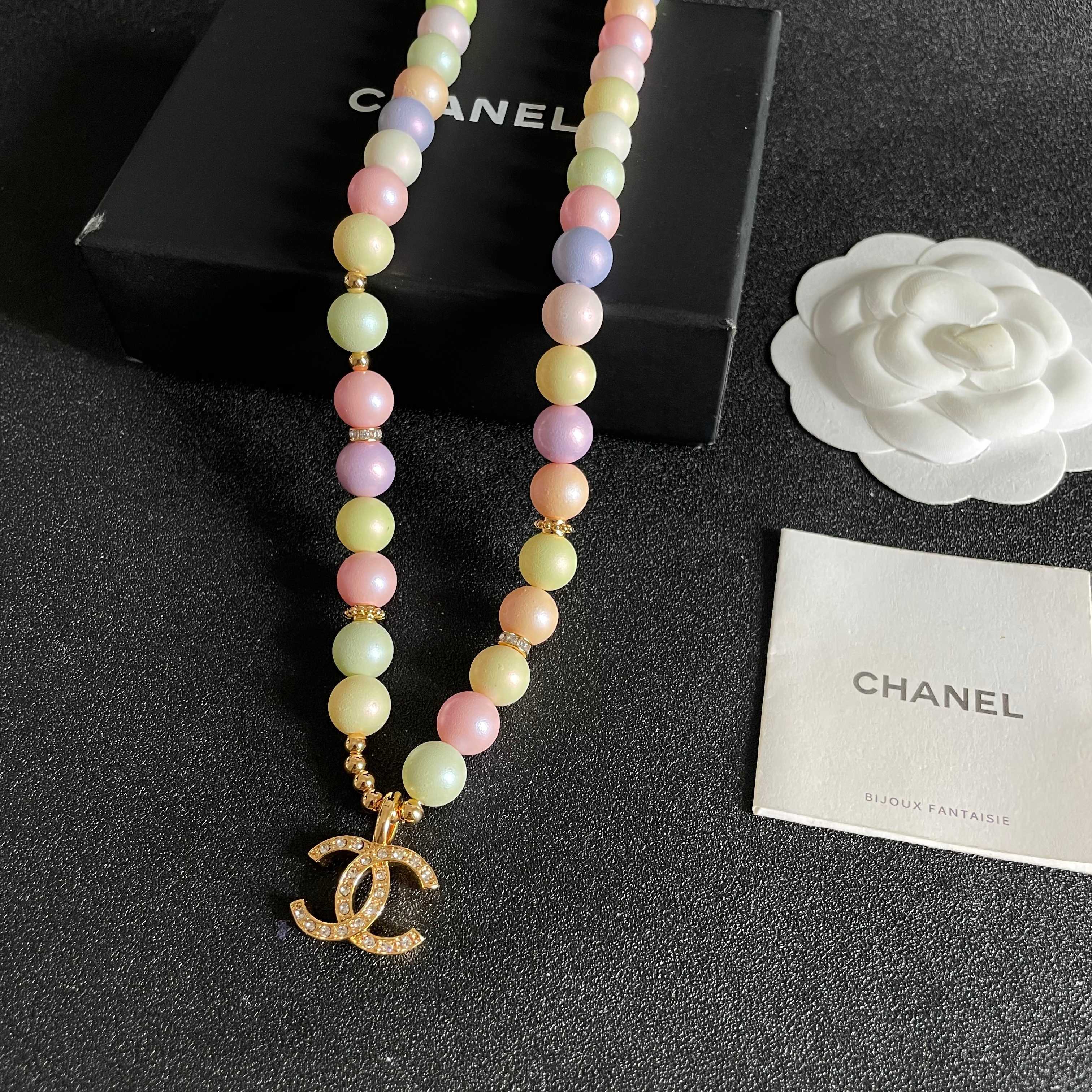 Chanel CC Logo Pastel Bead Necklace necklace Gold-tone metal with clear crystal accents pastel multicolor beads pink yellow mint green lavender peach cream 42cm with 5cm extender chain