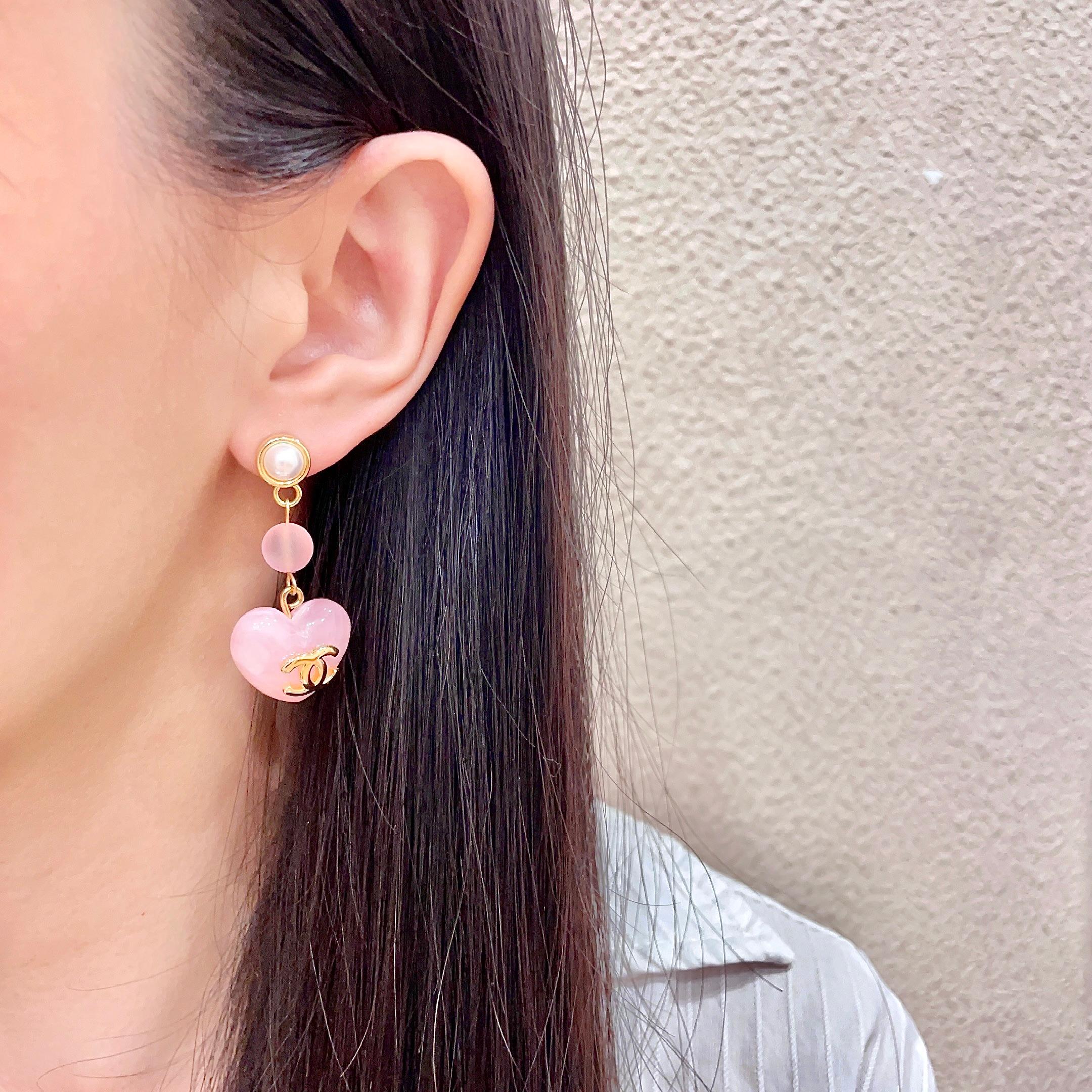 Chanel CC Heart Drop Earrings earrings Gold-tone metal pink resin white faux pearl 3 5cm drop length