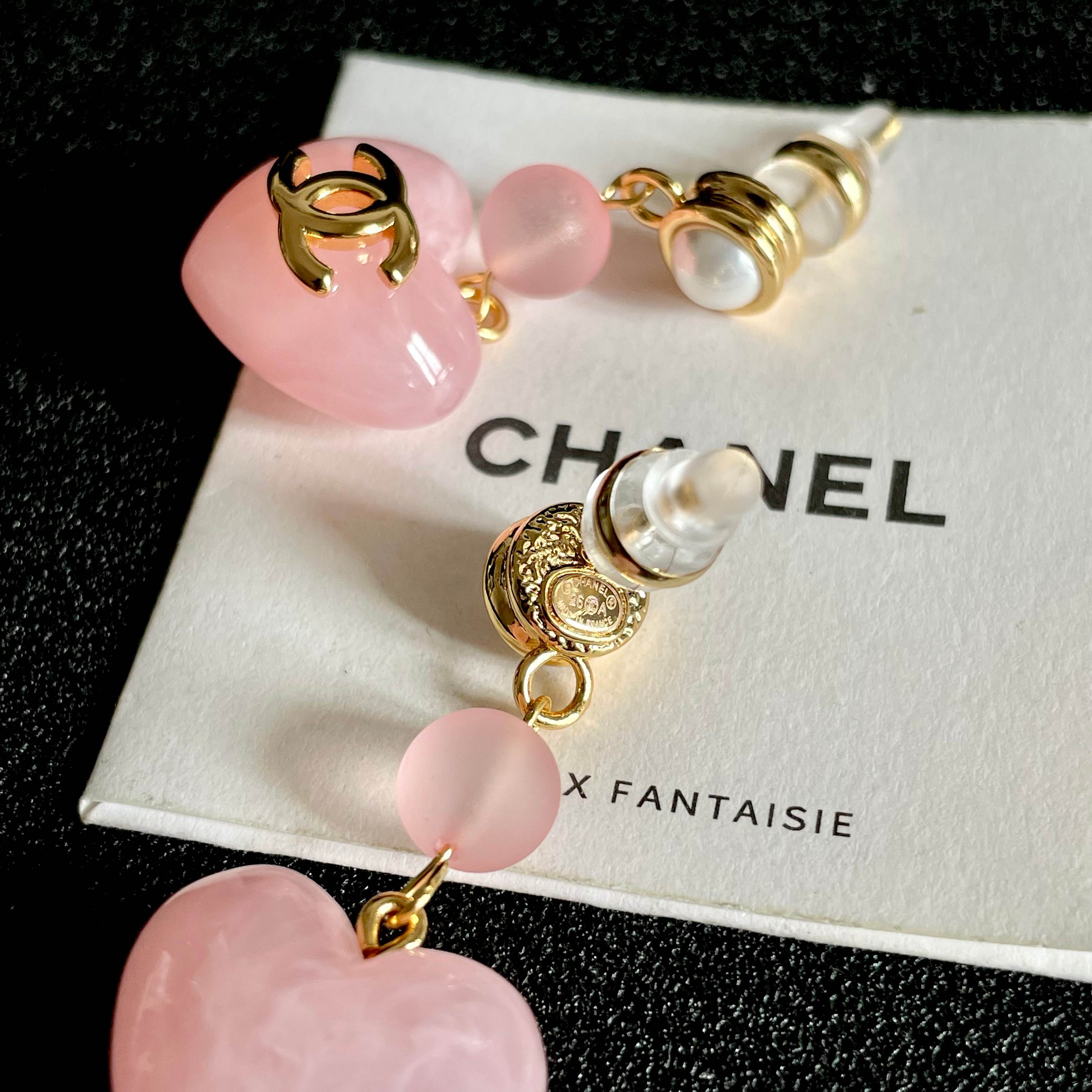 Chanel CC Heart Drop Earrings earrings Gold-tone metal pink resin white faux pearl 3 5cm drop length