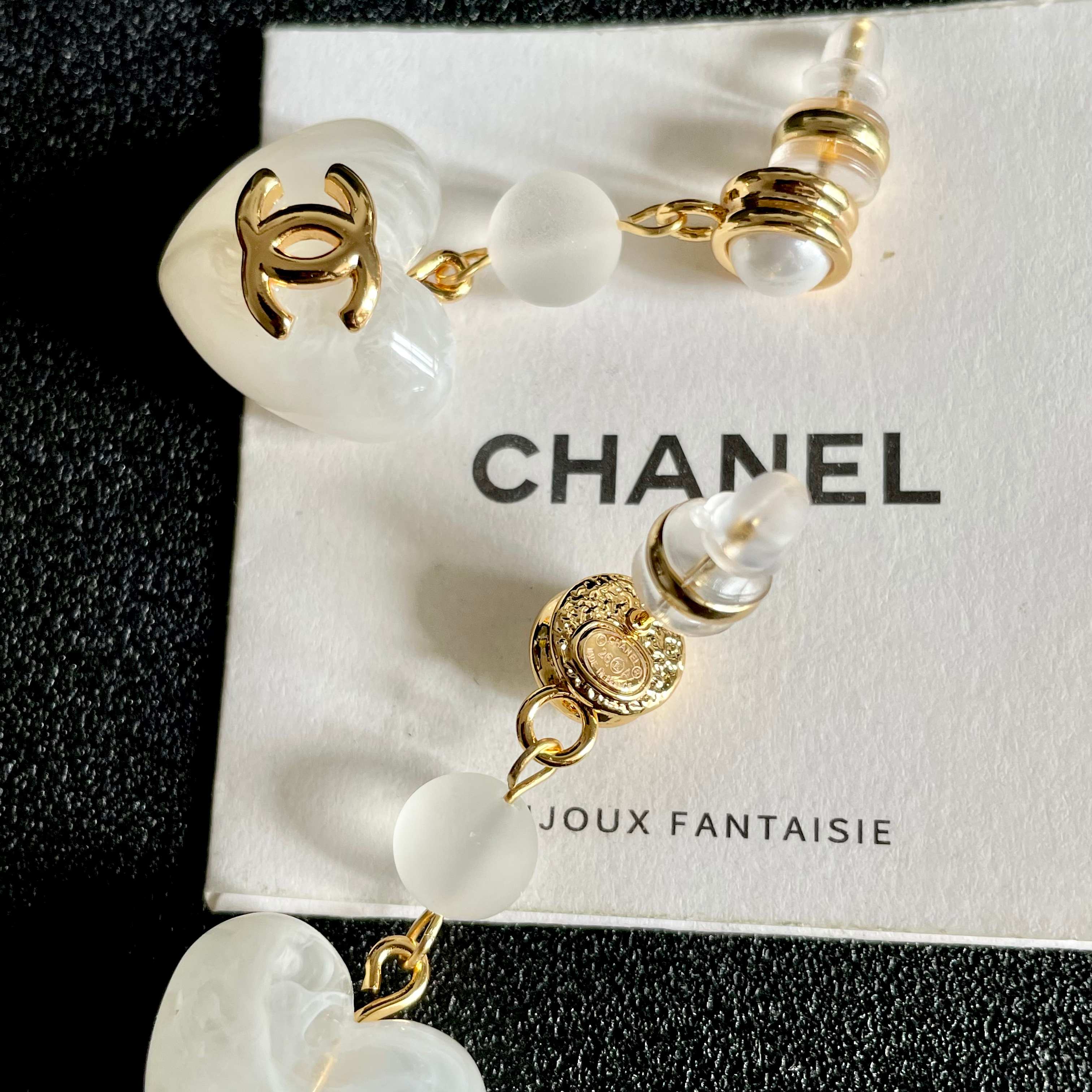 Chanel CC Heart Drop Earrings earrings gold-tone metal white mother-of-pearl effect resin white pearl accent 3 5cm drop length