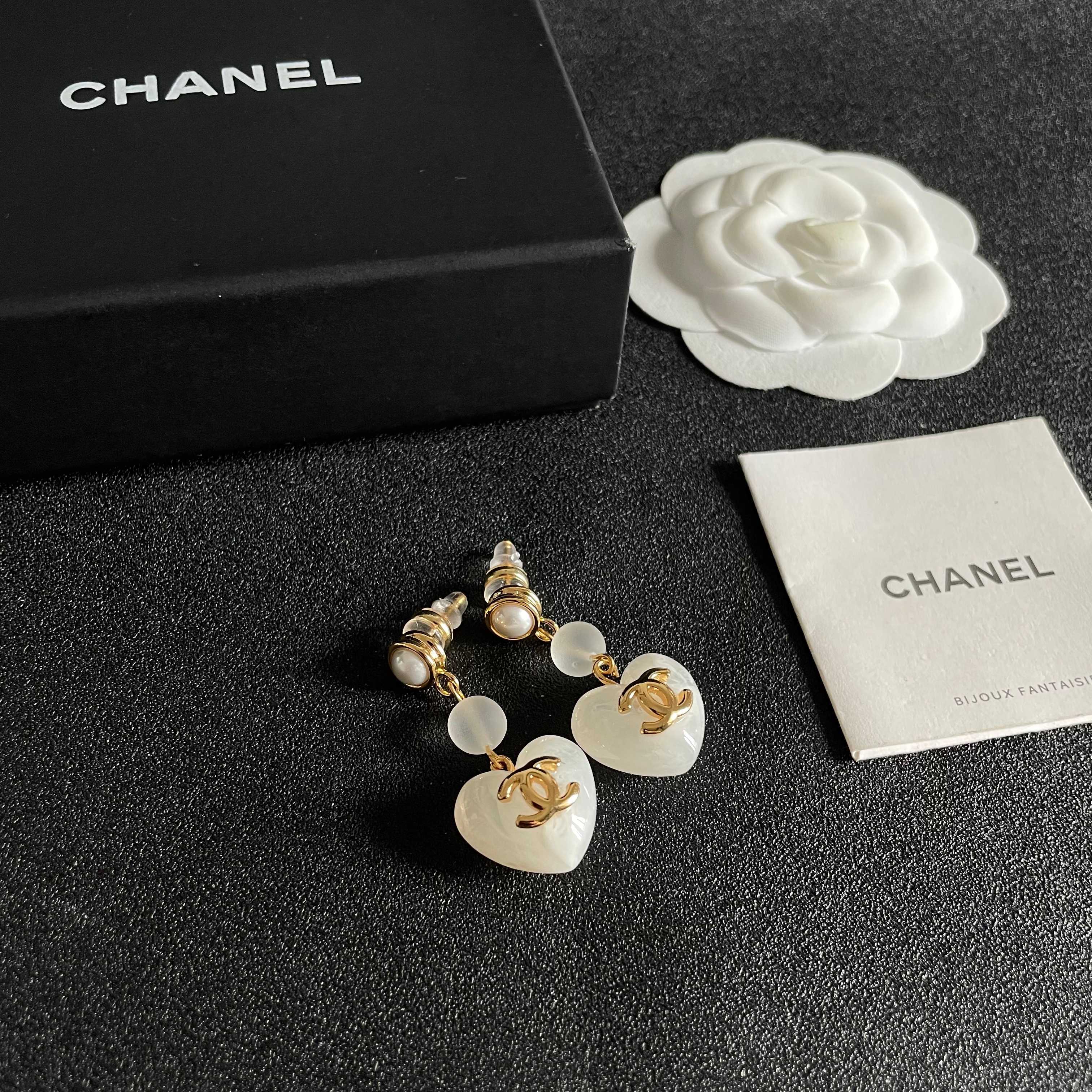Chanel CC Heart Drop Earrings earrings gold-tone metal white mother-of-pearl effect resin white pearl accent 3 5cm drop length