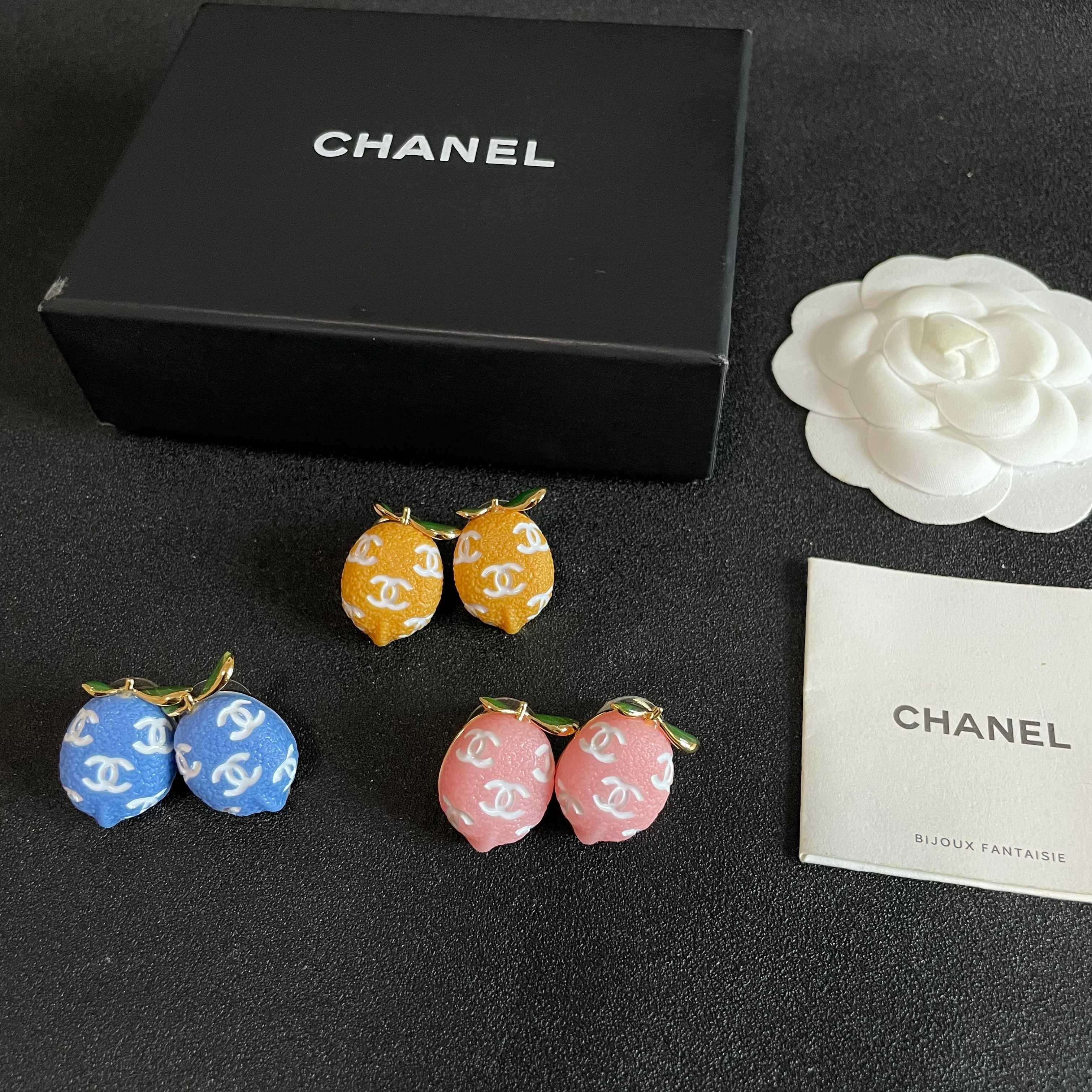 Chanel CC Lemon Fruit Stud Earrings earrings Gold-tone metal pink resin with white interlocking CC logos green enamel leaf accents One Size approx 2cm drop length
