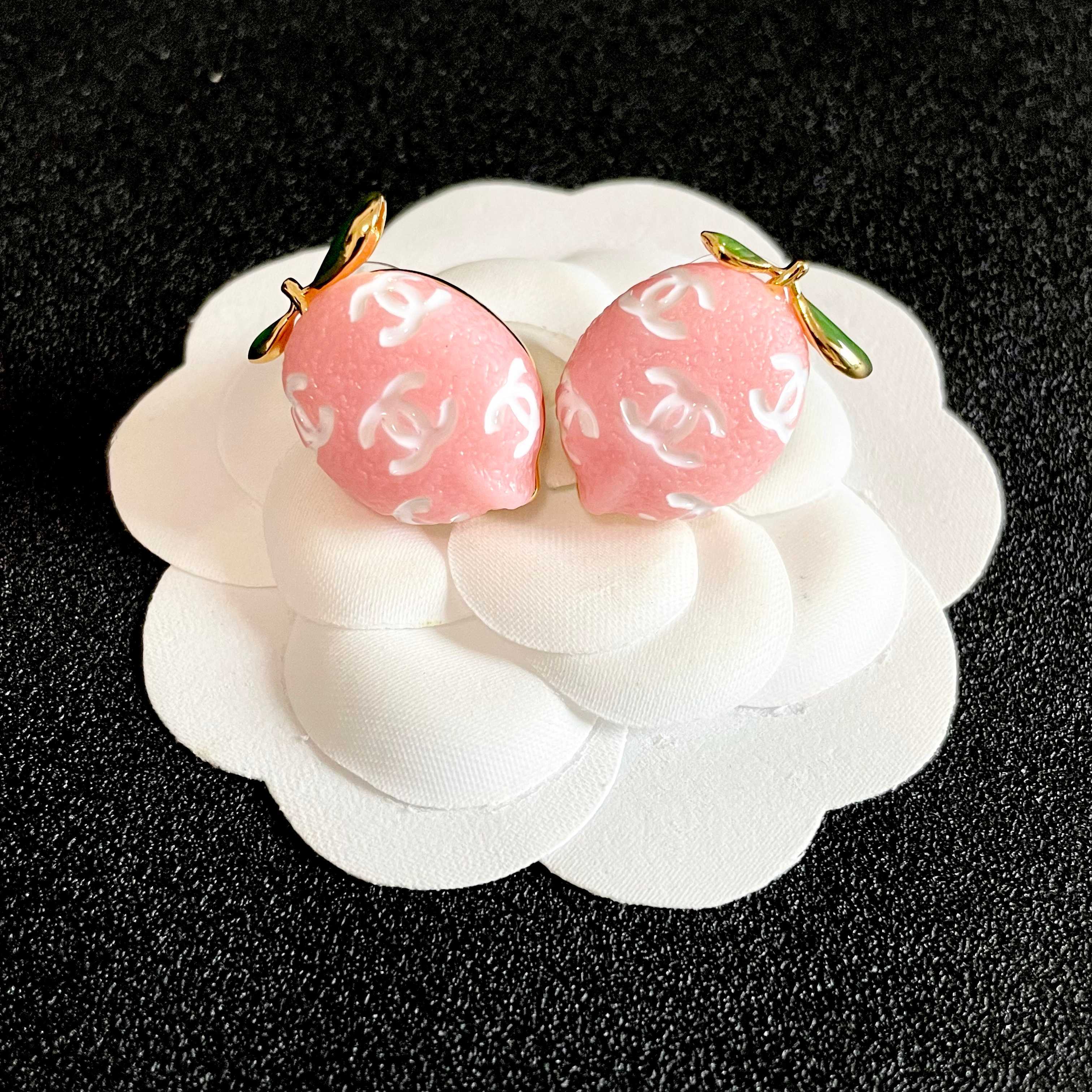 Chanel CC Lemon Fruit Stud Earrings earrings Gold-tone metal pink resin with white interlocking CC logos green enamel leaf accents One Size approx 2cm drop length