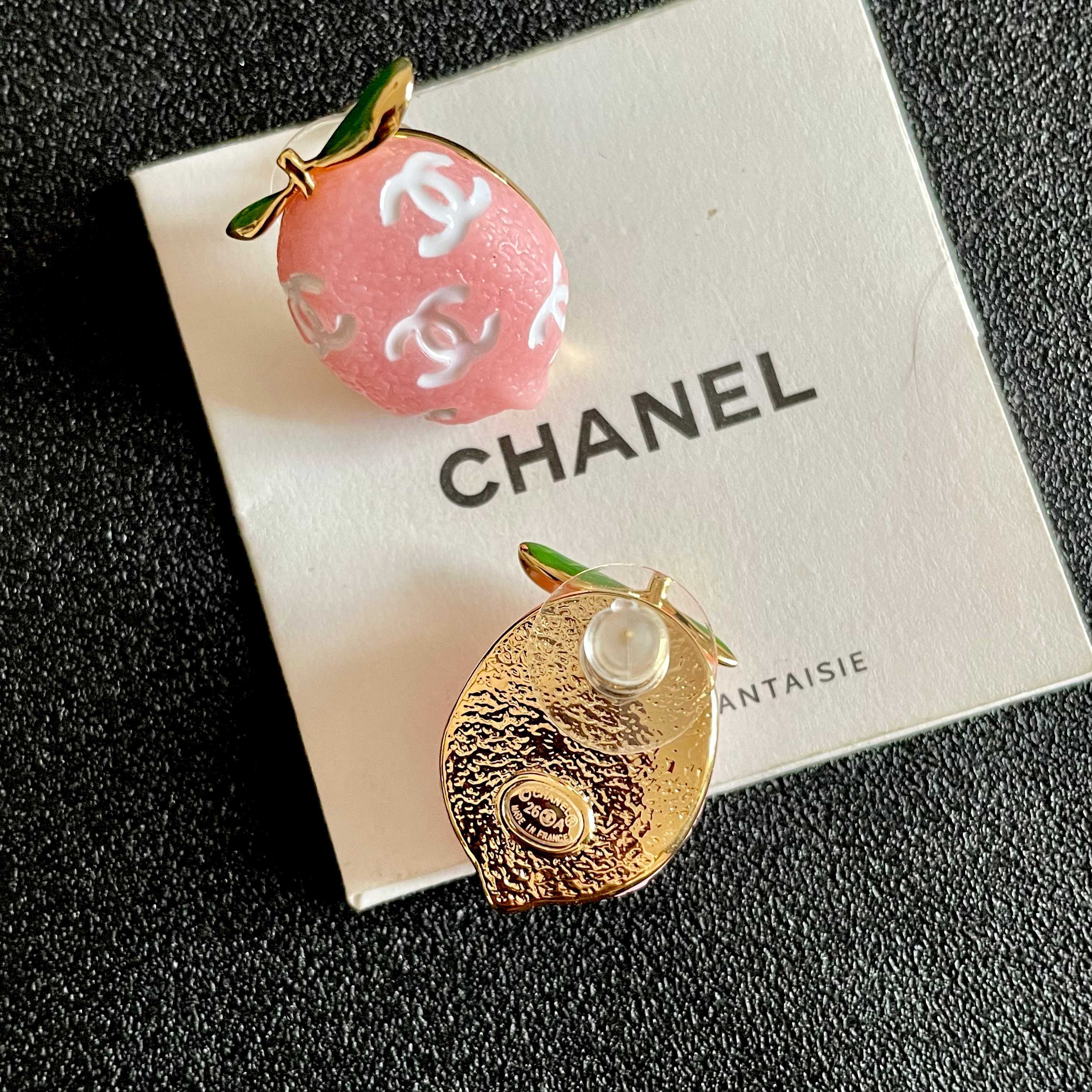 Chanel CC Lemon Fruit Stud Earrings earrings Gold-tone metal pink resin with white interlocking CC logos green enamel leaf accents One Size approx 2cm drop length